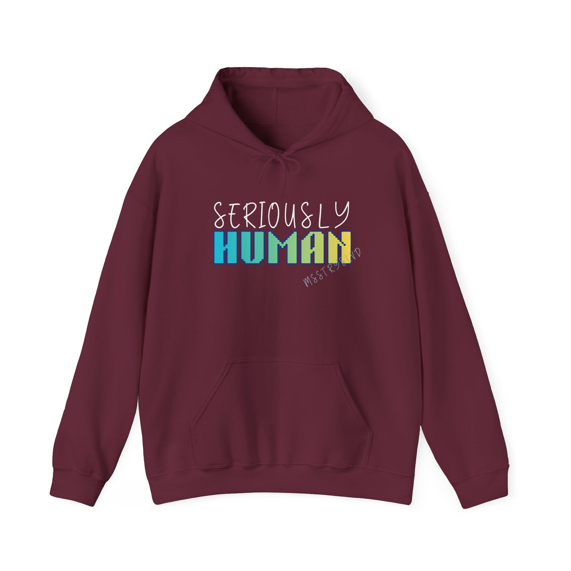 Embroidered 'Seriously Human' Heavy Blend™ Hooded Sweatshirt Quote Retro Pixel