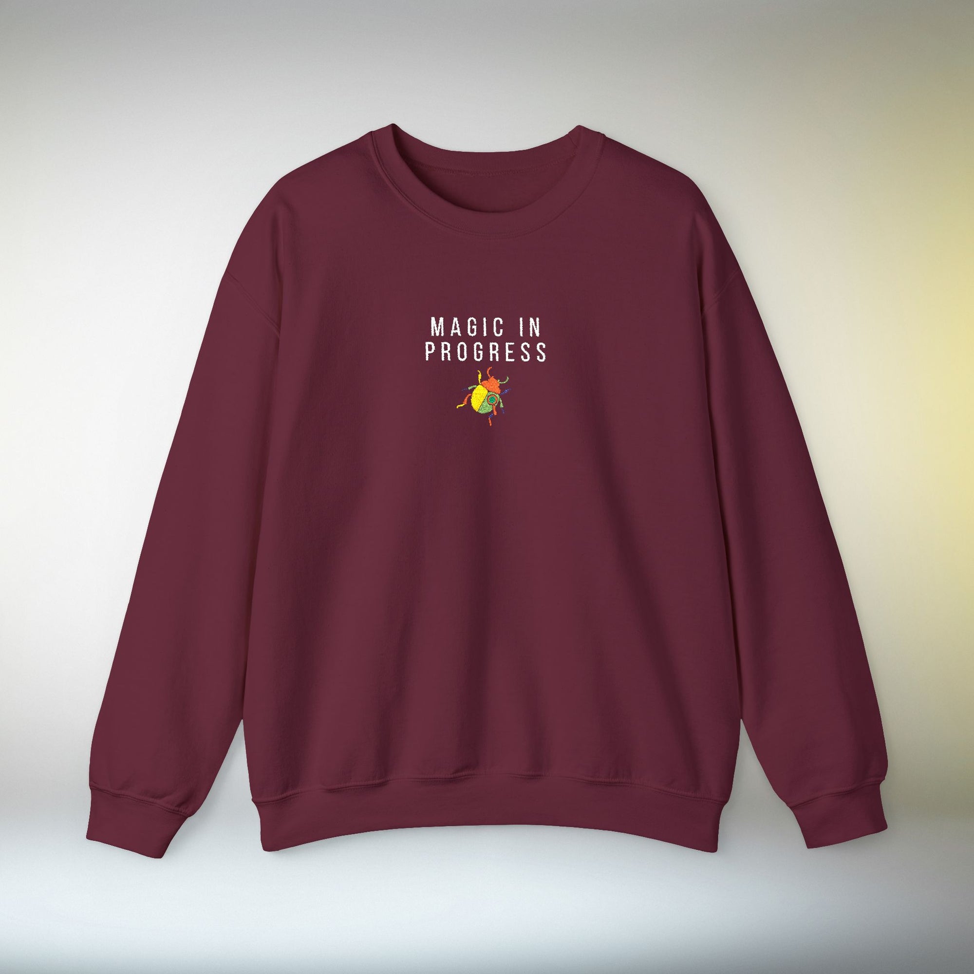 Magic in Progress Embroidered Sweatshirt | Minimal Motivational Crewneck, Premium Unisex Embroidery, Cozy Everyday Wear