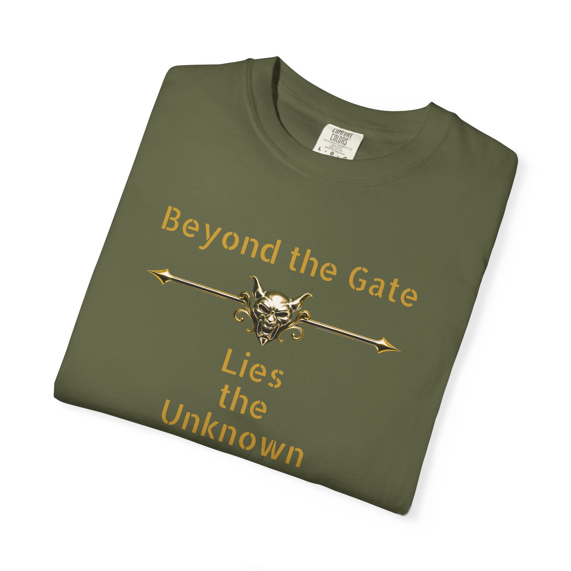 Beyond the Gate Lies the Unknown T-Shirt – MSSTRYSLVD® Gold Vault Edition | Dark Fantasy Streetwear for Fearless Players