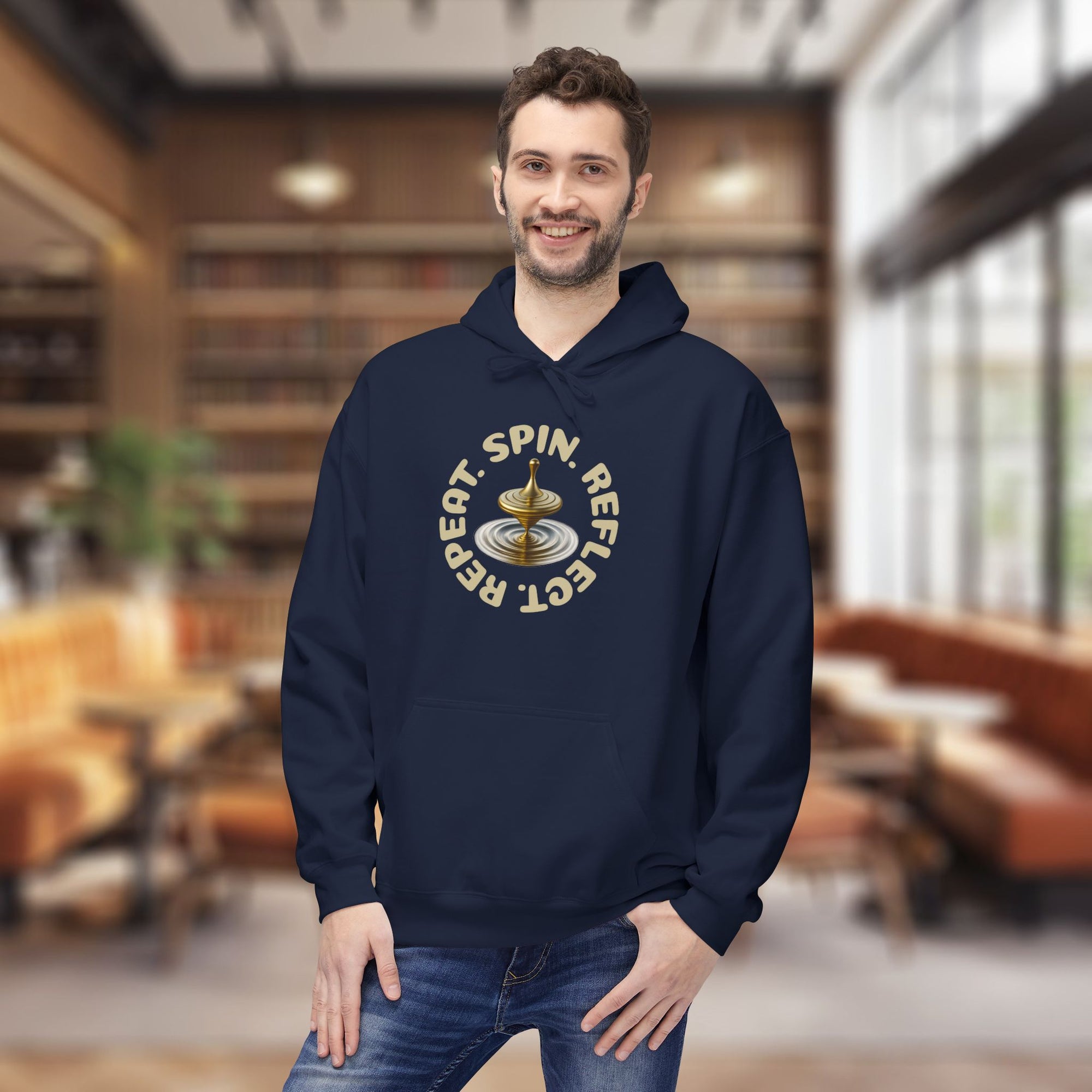 SPIN. REFLECT. REPEAT. Hoodie – Mindful Motivation Streetwear | Gold Spinning Top Design