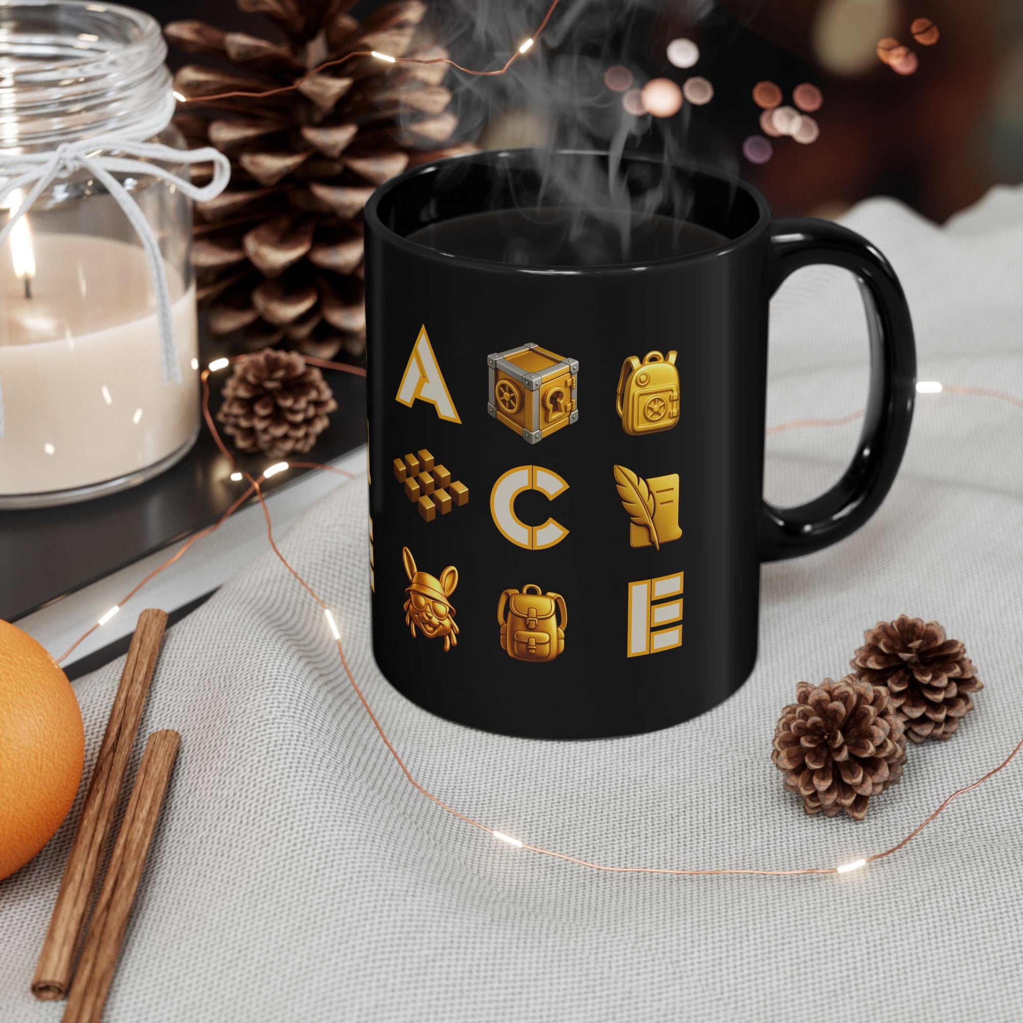 ACE Black Mug Golden Vault Game Symbols, Retro Gamer Puzzle Graphic Coffee Cup