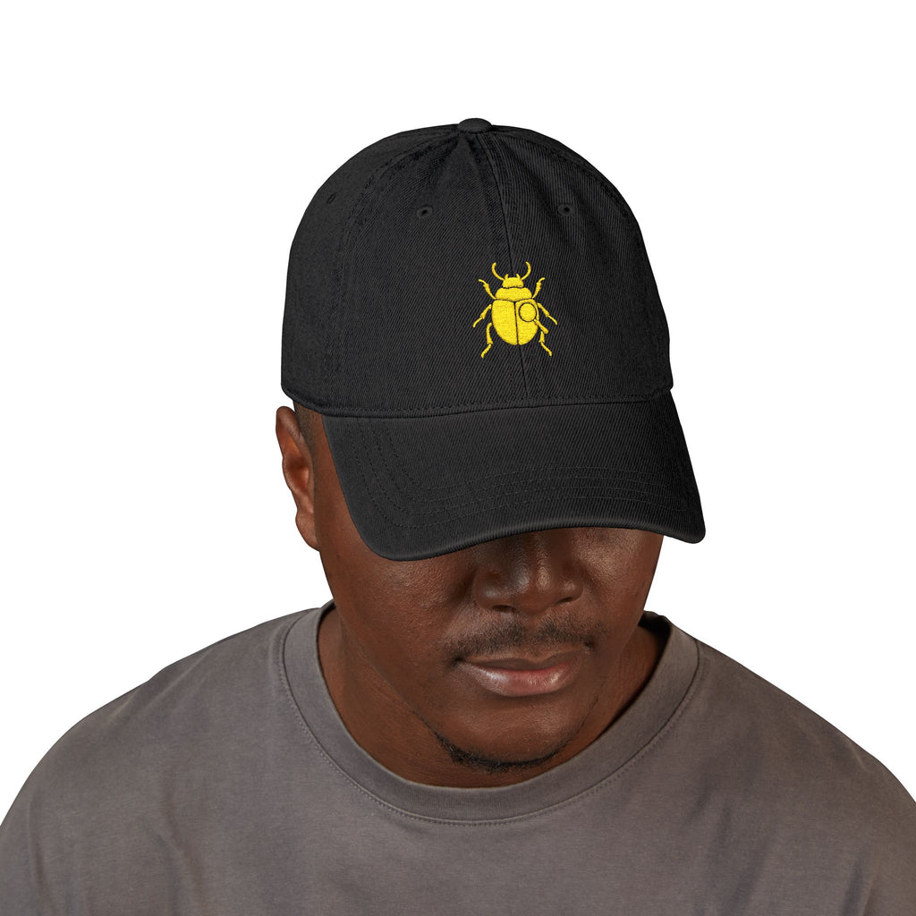 Denim Cap with Gold Beetle Embroidery – Retro Bug Design, Cool Streetwear Golden Insect Aesthetic Cap