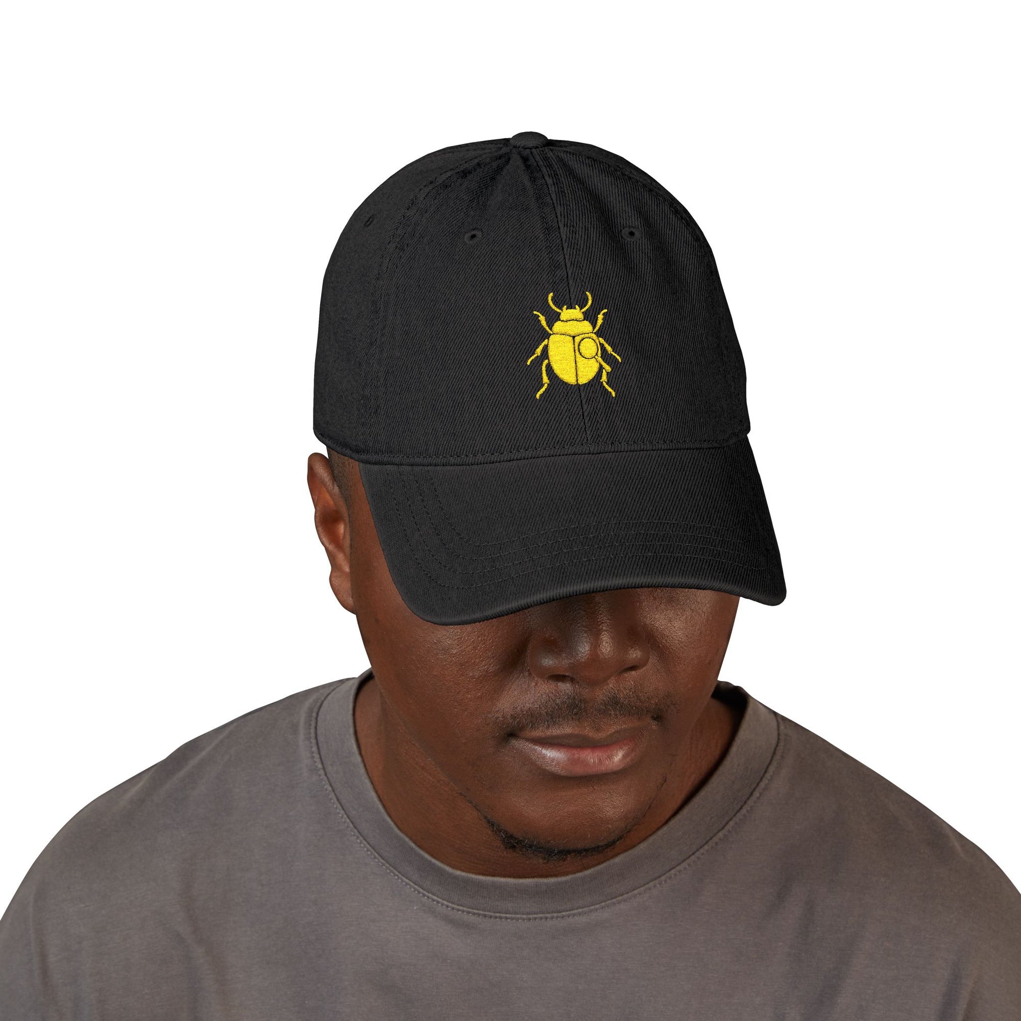 Denim Cap with Gold Beetle Embroidery – Retro Bug Design, Cool Streetwear Golden Insect Aesthetic Cap
