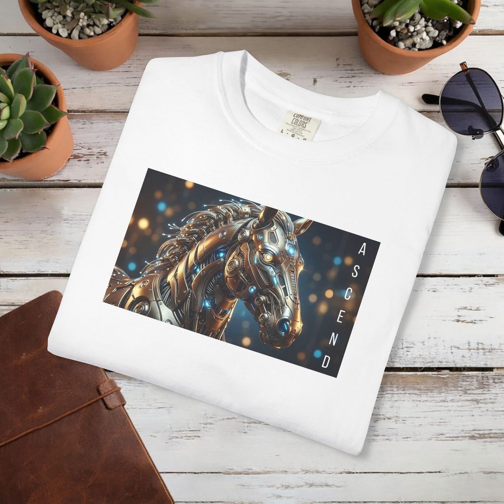 ASCEND Cyber Horse T-Shirt | Futuristic Steampunk Mechanical Animal Graphic Tee, Sci-Fi Streetwear Unisex