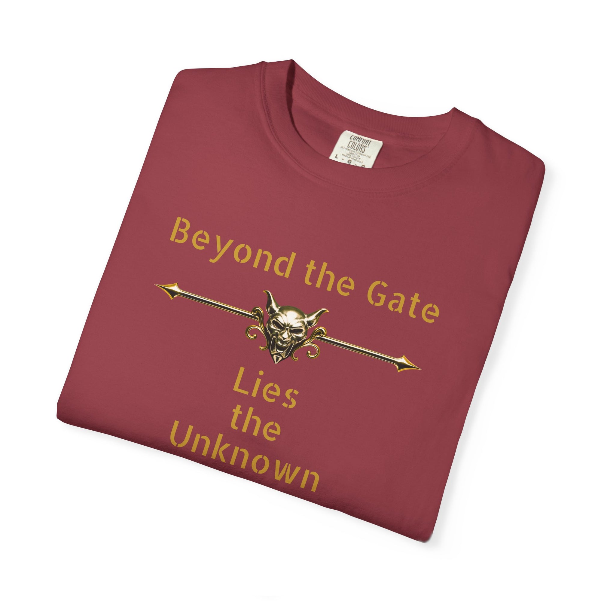 Beyond the Gate Lies the Unknown T-Shirt – MSSTRYSLVD® Gold Vault Edition | Dark Fantasy Streetwear for Fearless Players
