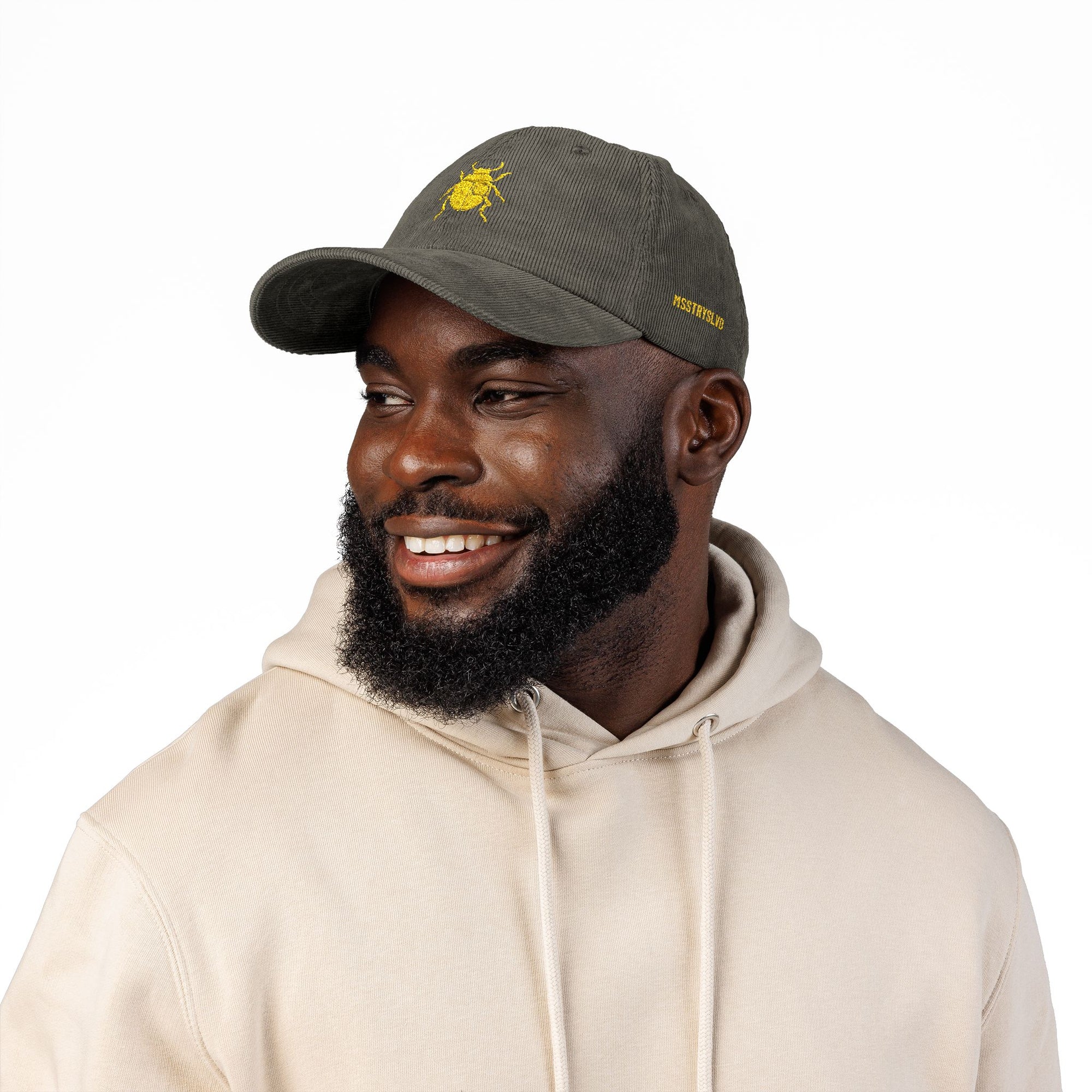Vintage Corduroy Cap with Gold Beetle Embroidery – Retro Bug Design, Cool Streetwear Golden Insect Aesthetic Cap