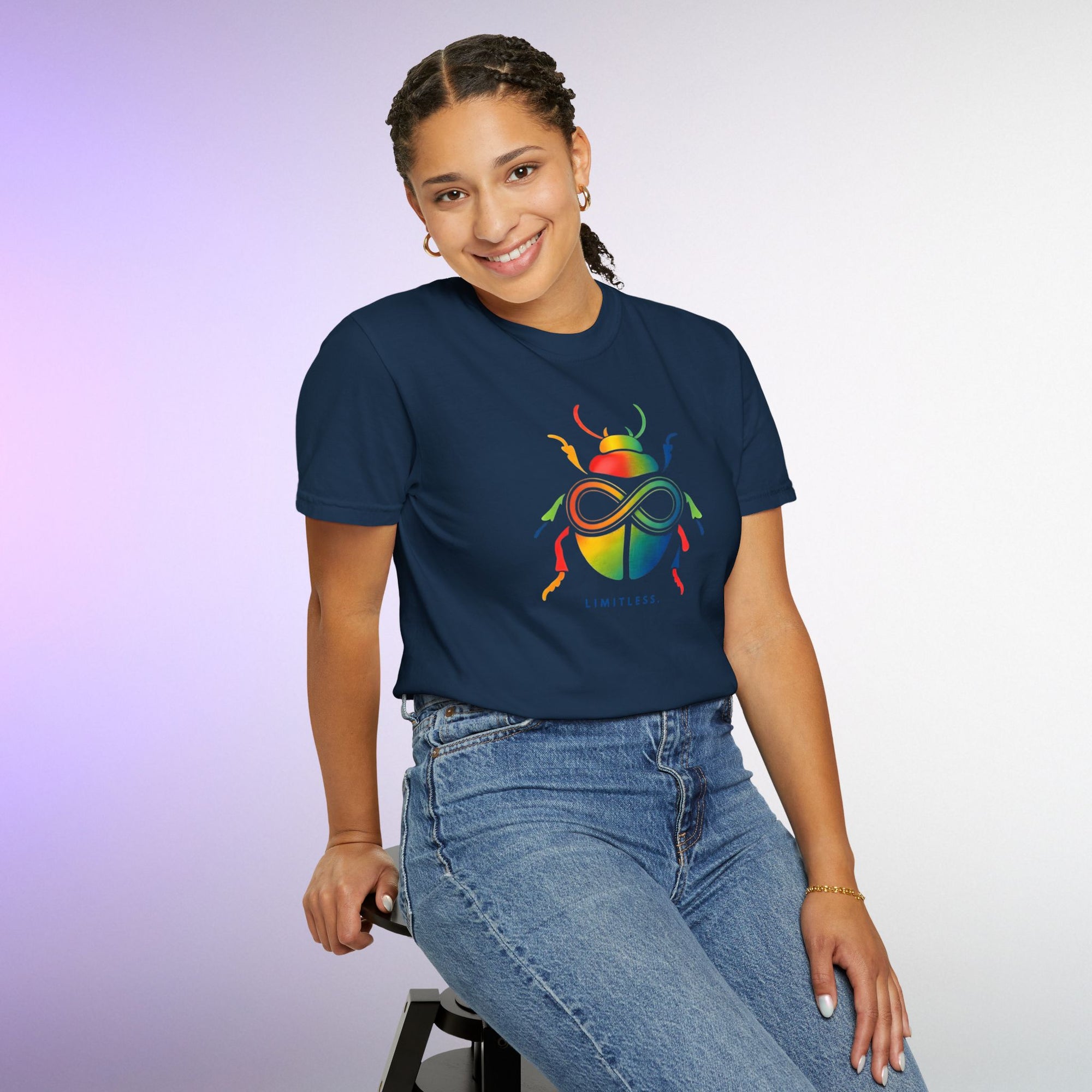 Limitless Beetle T Shirt | Infinity Symbol Graphic Tee | Colorful Scarab Art Shirt | Motivational Streetwear T-Shirt | Unisex Tee