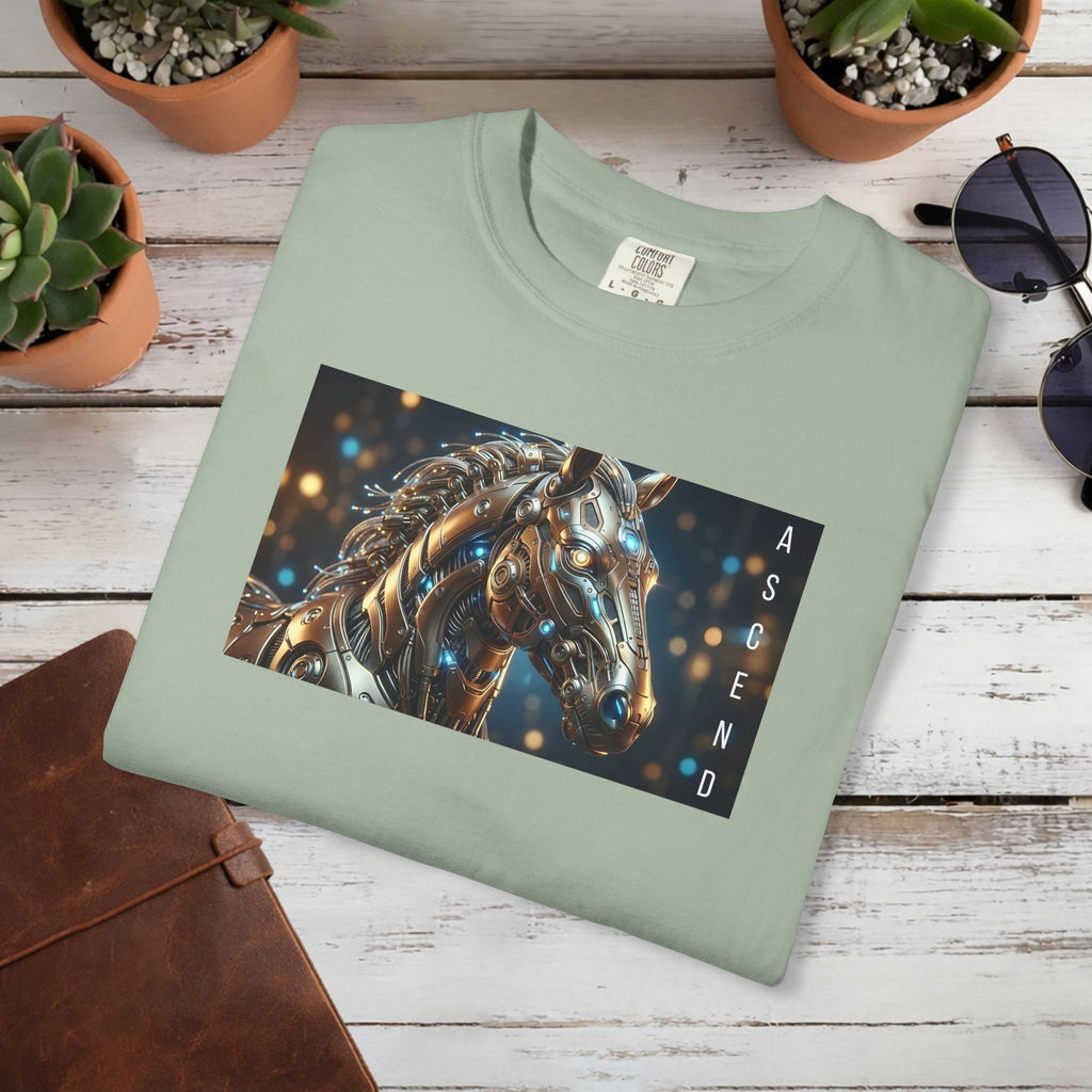 ASCEND Cyber Horse T-Shirt | Futuristic Steampunk Mechanical Animal Graphic Tee, Sci-Fi Streetwear Unisex