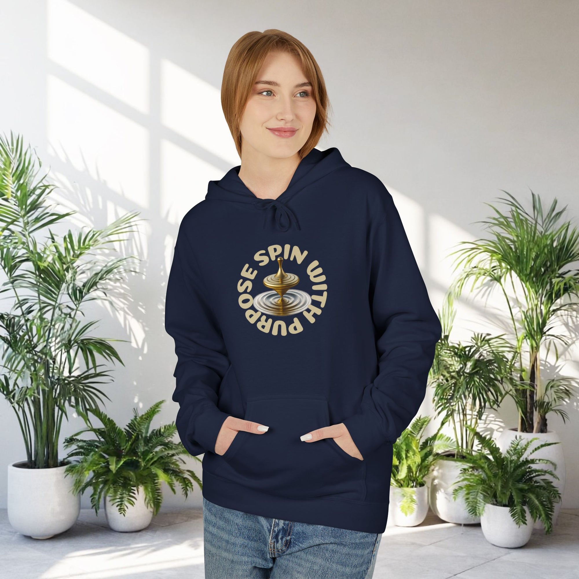 Spin With Purpose Hoodie – Mindful Motivation Streetwear | Gold Spinning Top Design