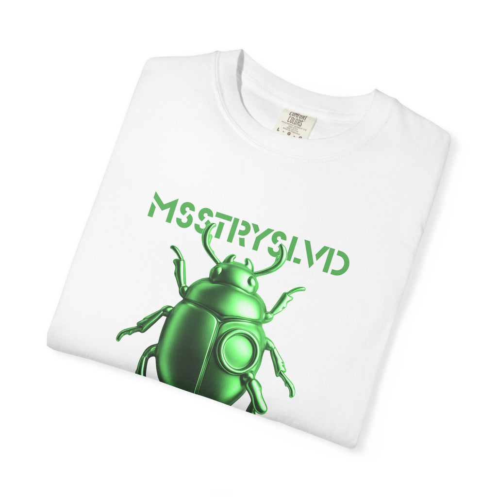 Cyber Beetle Graphic T-Shirt – Futuristic Insect Streetwear Tee, Neon Emerald Green Bug Design Techwear Top For Men & Women