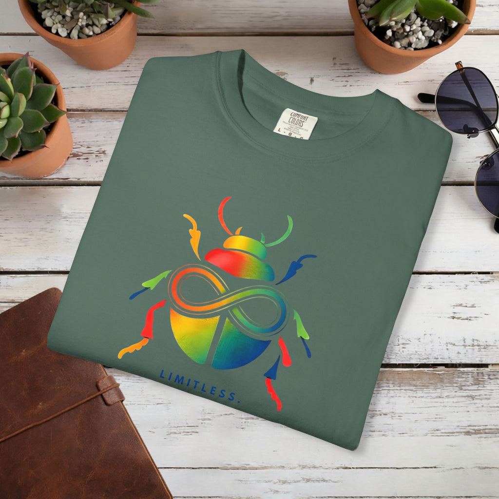 Limitless Beetle T Shirt | Infinity Symbol Graphic Tee | Colorful Scarab Art Shirt | Motivational Streetwear T-Shirt | Unisex Tee
