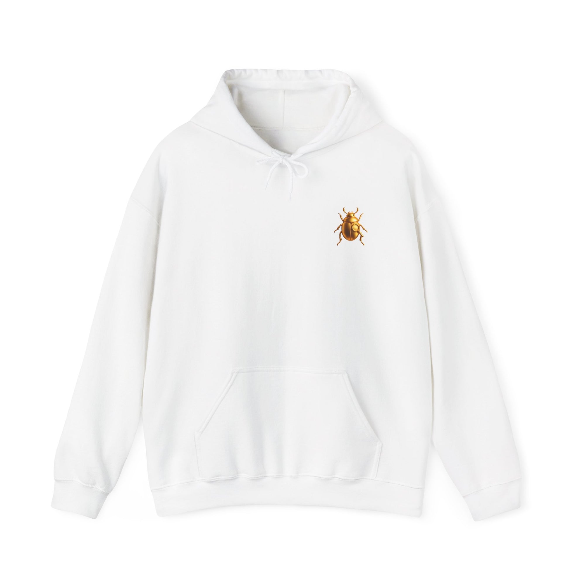 Gold Scarab Beetle Hoodie – Futuristic Steampunk Insect | Unisex Heavy Blend Hooded Sweatshirt Front and Back Graphic