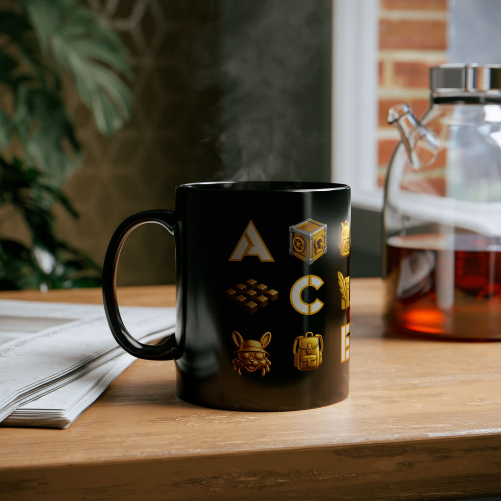ACE Black Mug Golden Vault Game Symbols, Retro Gamer Puzzle Graphic Coffee Cup