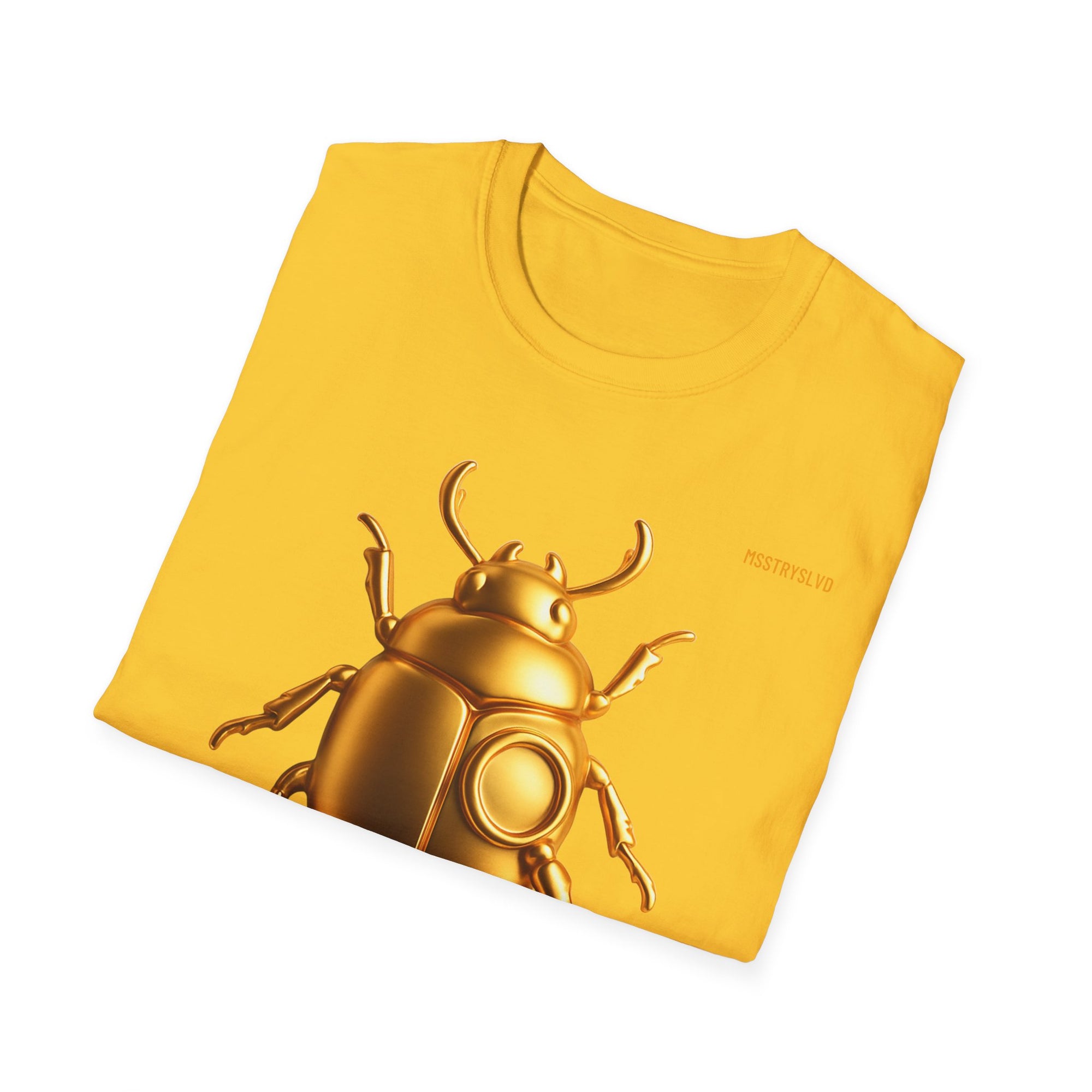 Gold Scarab Beetle T-Shirt – Futuristic Metallic Insect Graphic Print Tee | Golden Beetle Mystery | Streetwear Unisex T-Shirt