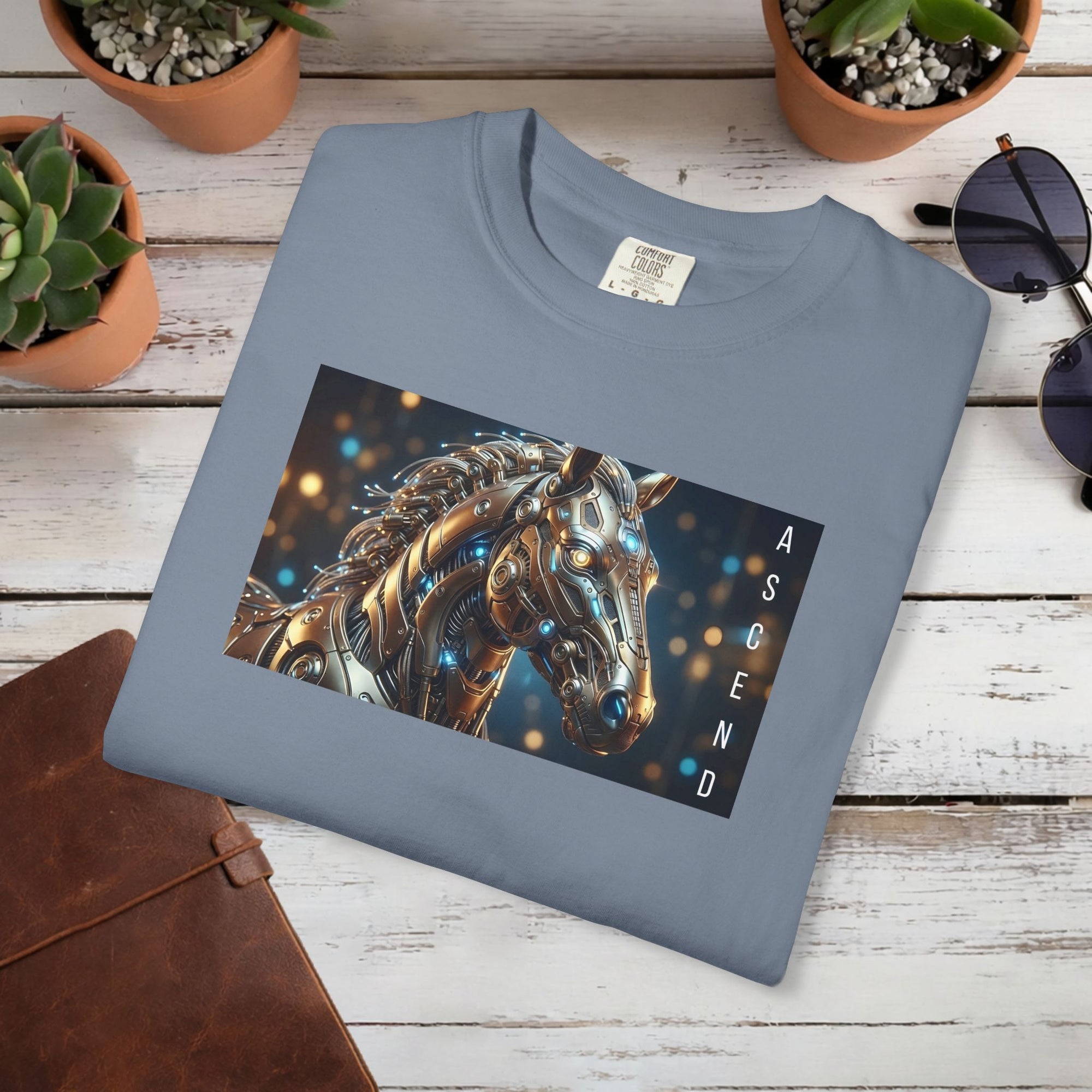 ASCEND Cyber Horse T-Shirt | Futuristic Steampunk Mechanical Animal Graphic Tee, Sci-Fi Streetwear Unisex