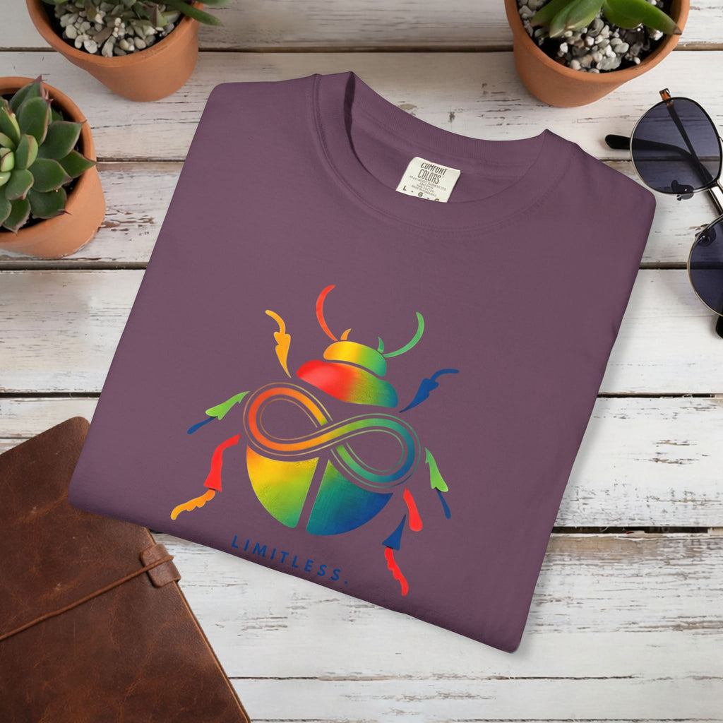 Limitless Beetle T Shirt | Infinity Symbol Graphic Tee | Colorful Scarab Art Shirt | Motivational Streetwear T-Shirt | Unisex Tee