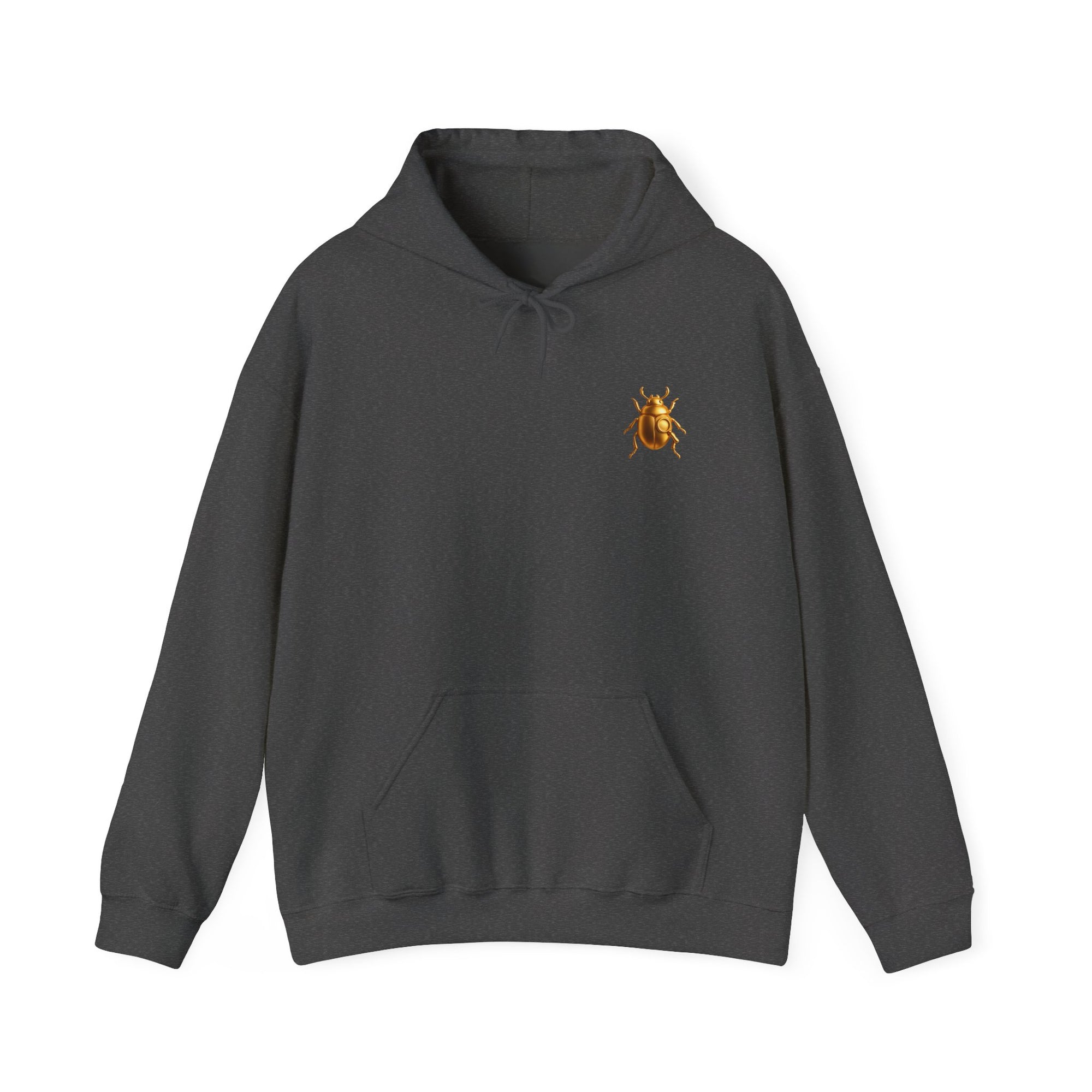 Gold Scarab Beetle Hoodie – Futuristic Steampunk Insect | Unisex Heavy Blend Hooded Sweatshirt Front and Back Graphic
