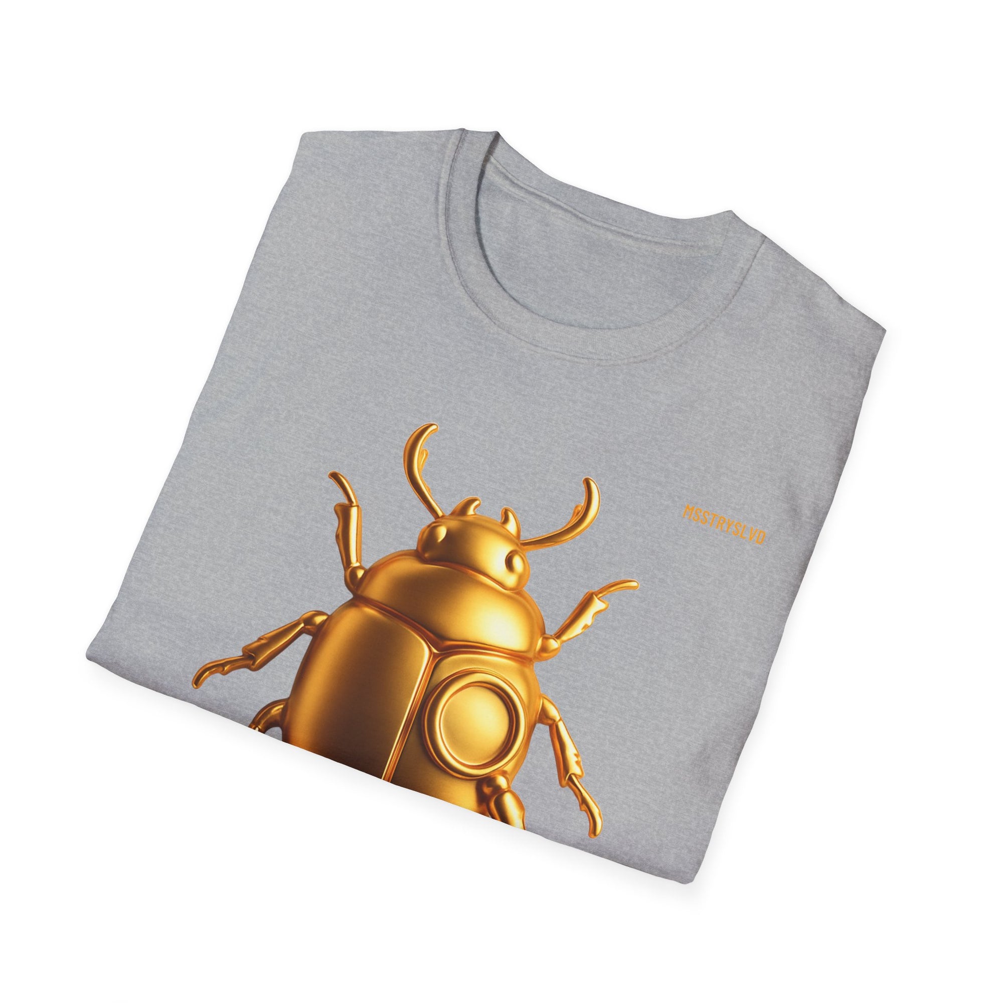 Gold Scarab Beetle T-Shirt – Futuristic Metallic Insect Graphic Print Tee | Golden Beetle Mystery | Streetwear Unisex T-Shirt