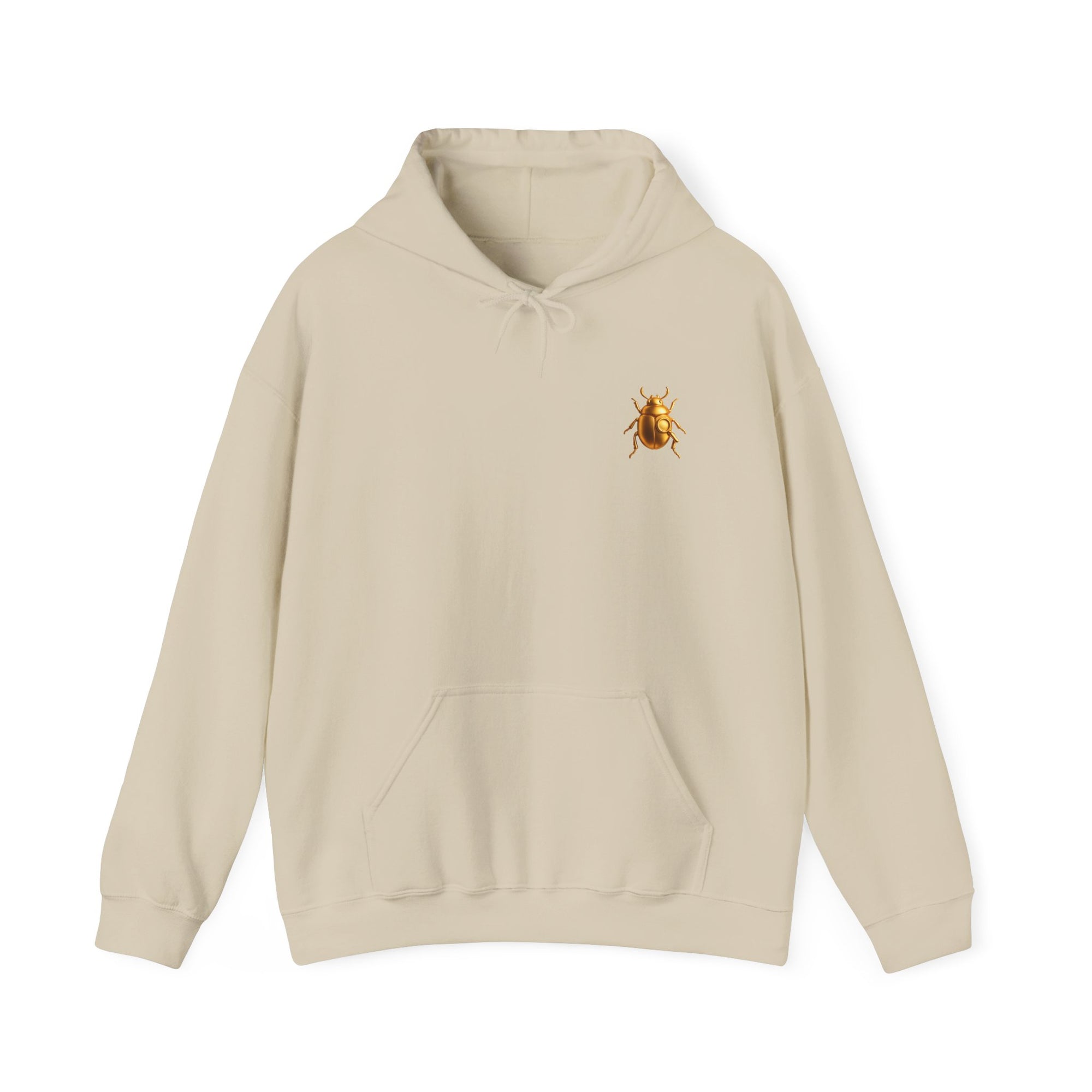 Gold Scarab Beetle Hoodie – Futuristic Steampunk Insect | Unisex Heavy Blend Hooded Sweatshirt Front and Back Graphic