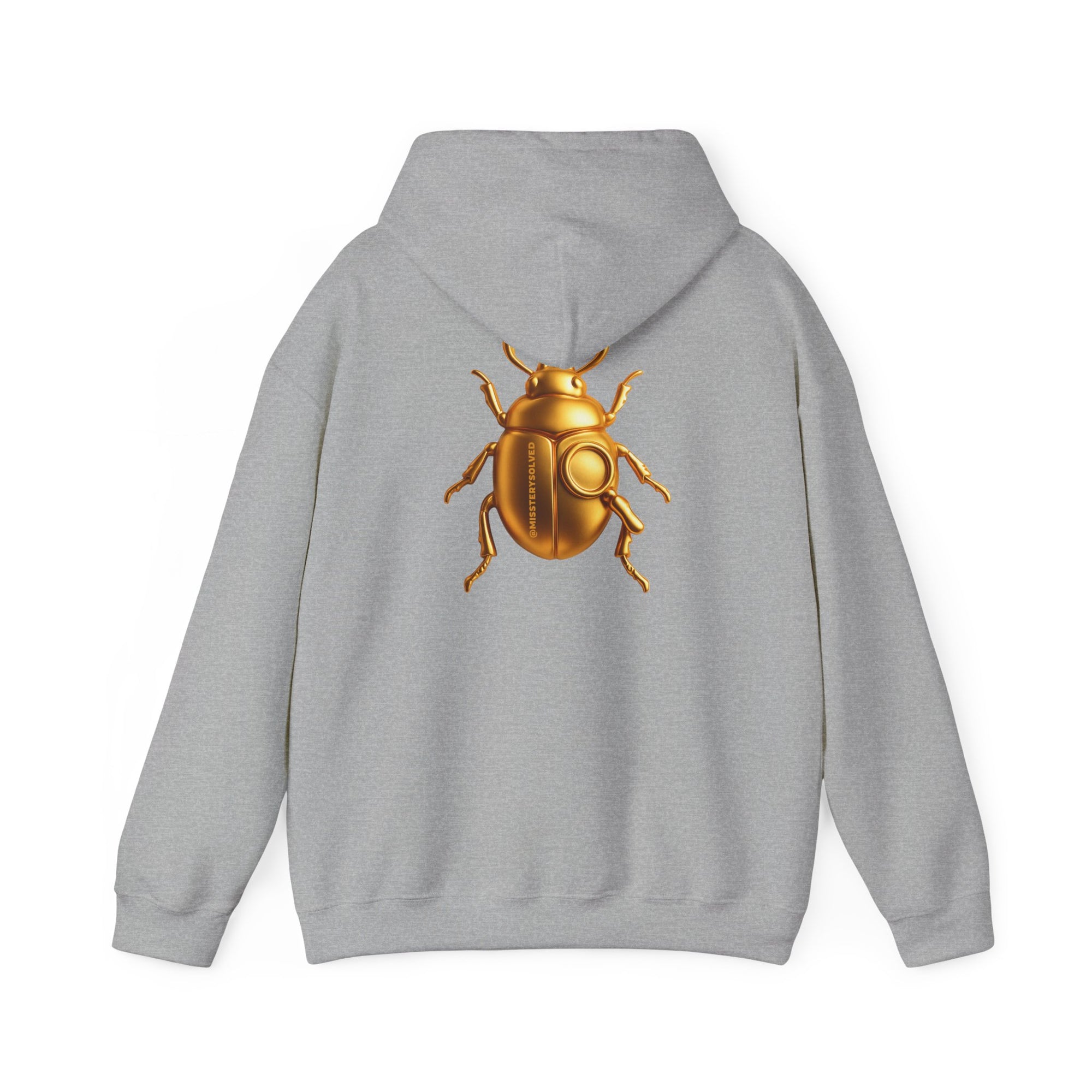 Gold Scarab Beetle Hoodie – Futuristic Steampunk Insect | Unisex Heavy Blend Hooded Sweatshirt Front and Back Graphic