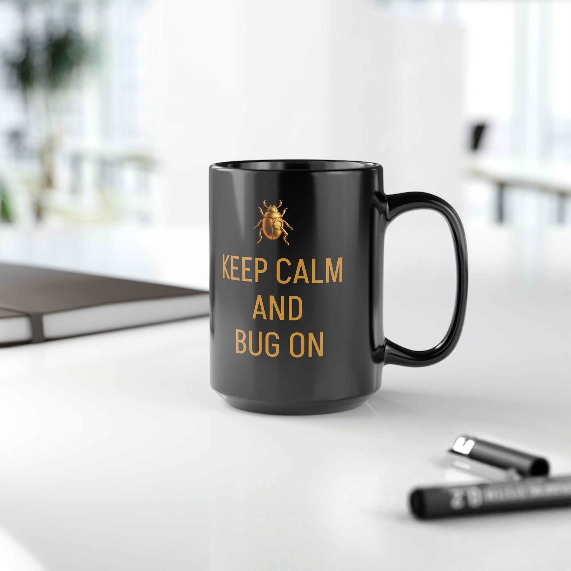 "KEEP CALM AND BUG ON" Black Mug (11oz, 15oz)