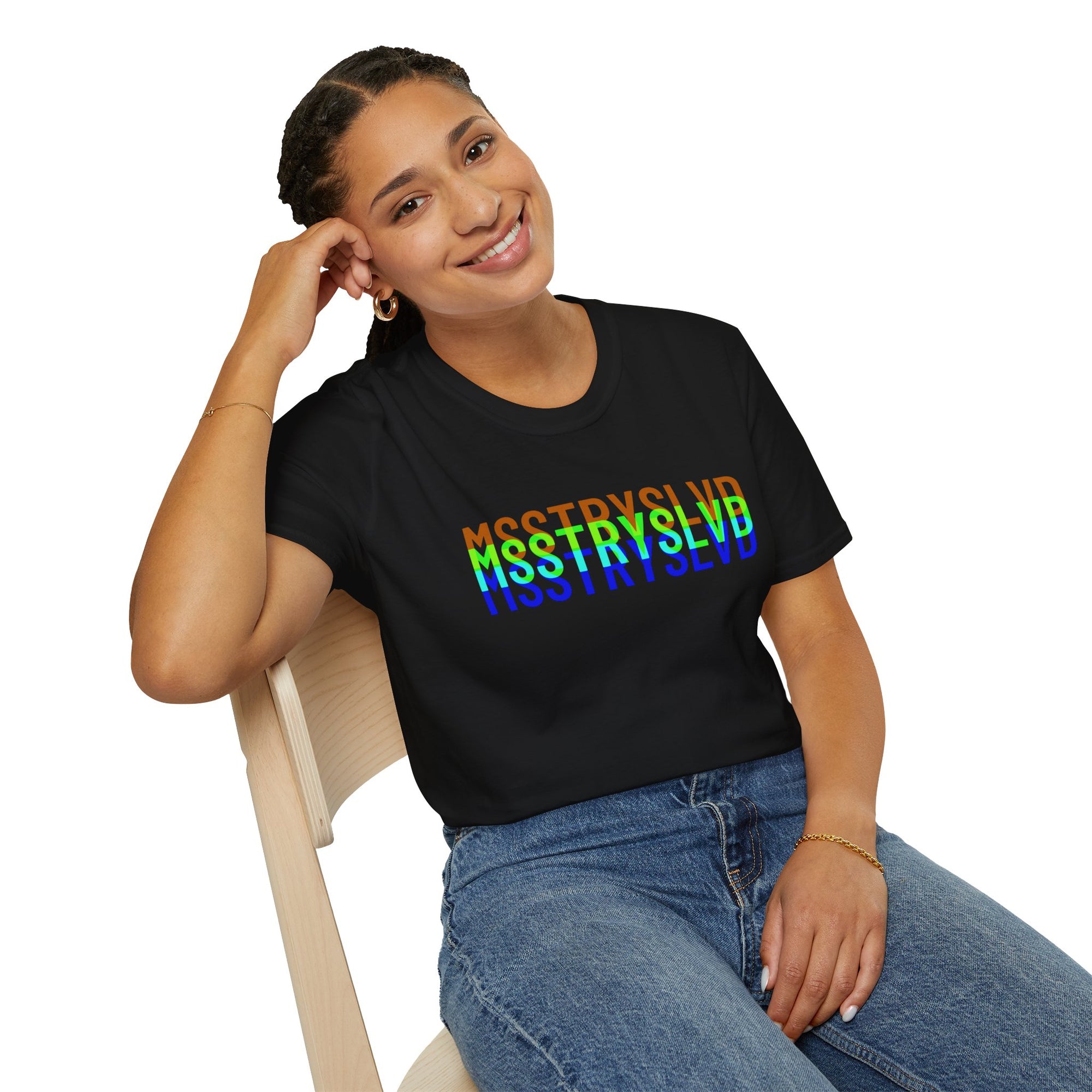 MSSTRYSLVD Neon Glitch Type T-Shirt – Bold Text Unisex Shirt, Typography Lovers Gift