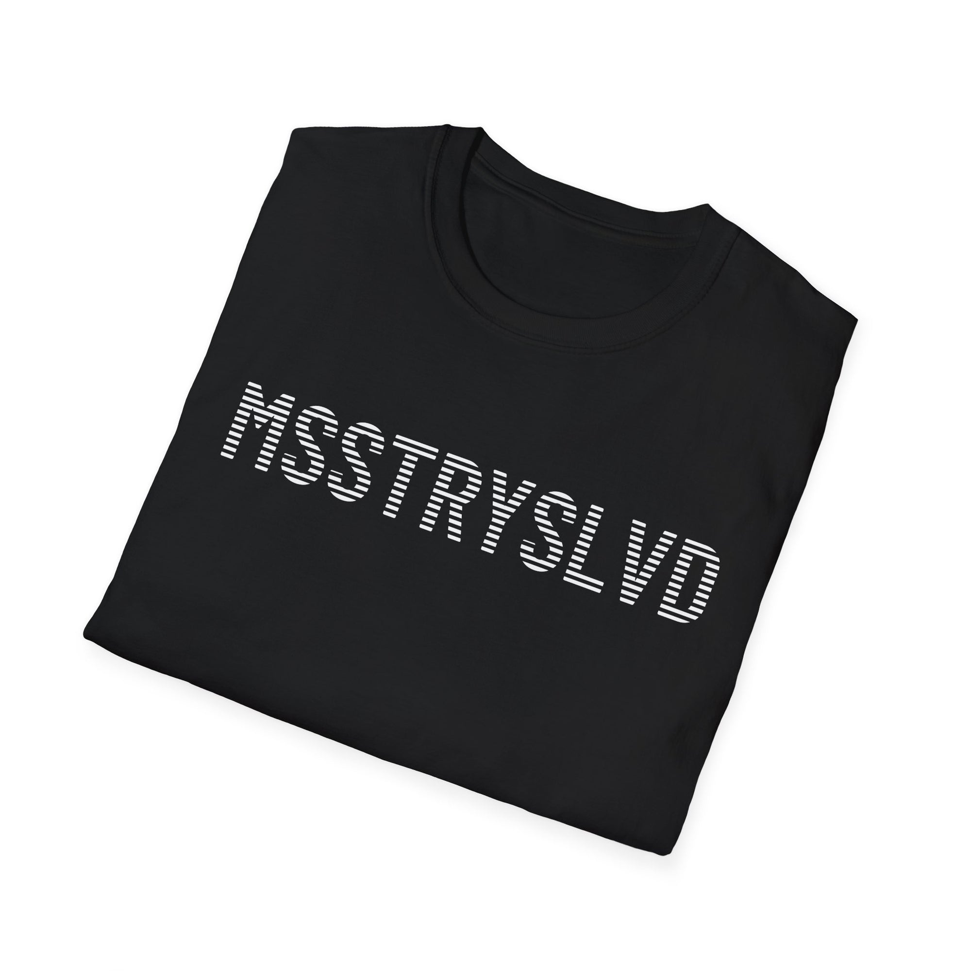 MSSTRYSLVD Word Stripe Graphic T-Shirt – Industrial Font Design Tee, White Bold Text Unisex Shirt, Typography Lovers Gift, Minimalist Urban Style