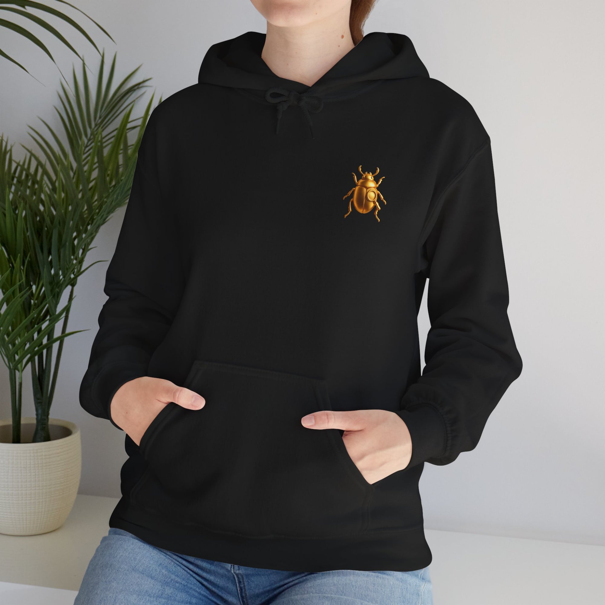 Gold Scarab Beetle Hoodie – Futuristic Steampunk Insect | Unisex Heavy Blend Hooded Sweatshirt Front and Back Graphic