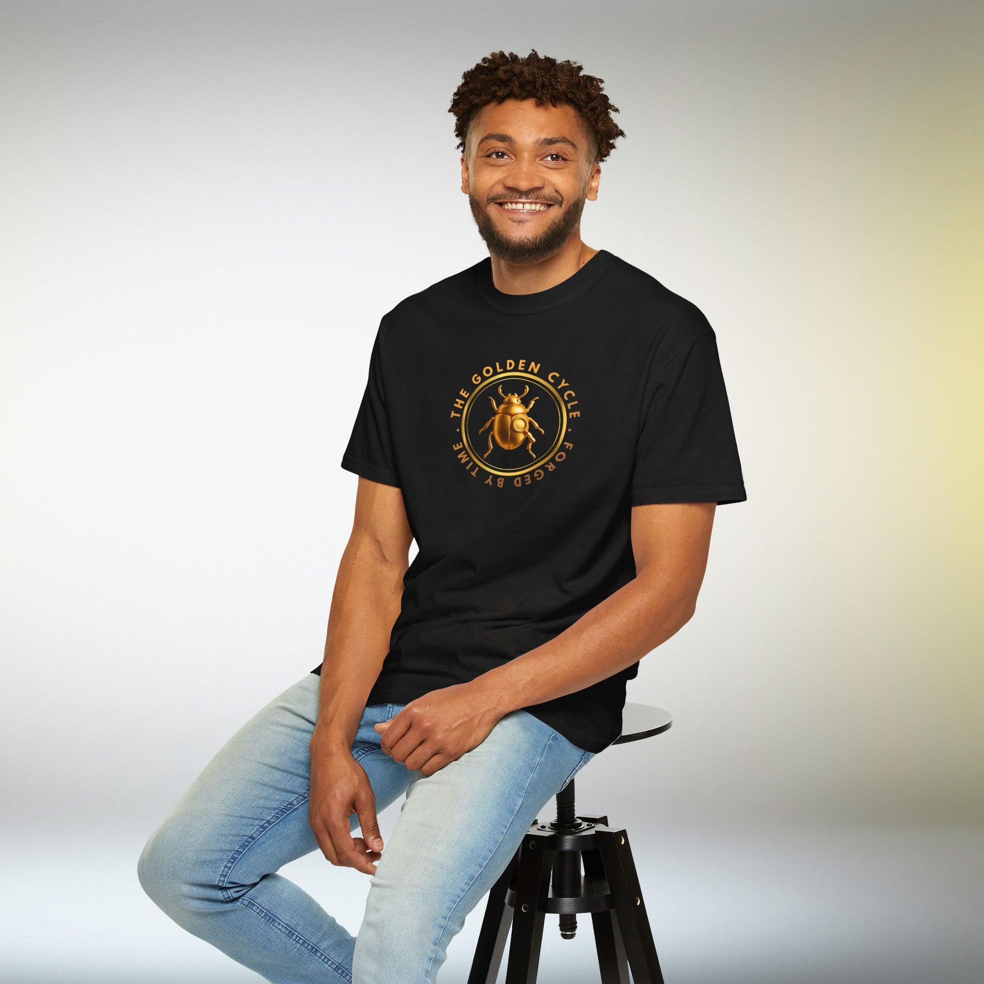 Golden Beetle T Shirt Minimal Emblem | The Golden Cycle Tee | Luxury Scarab Symbol Shirt | Slogan Unisex Graphic T-Shirt