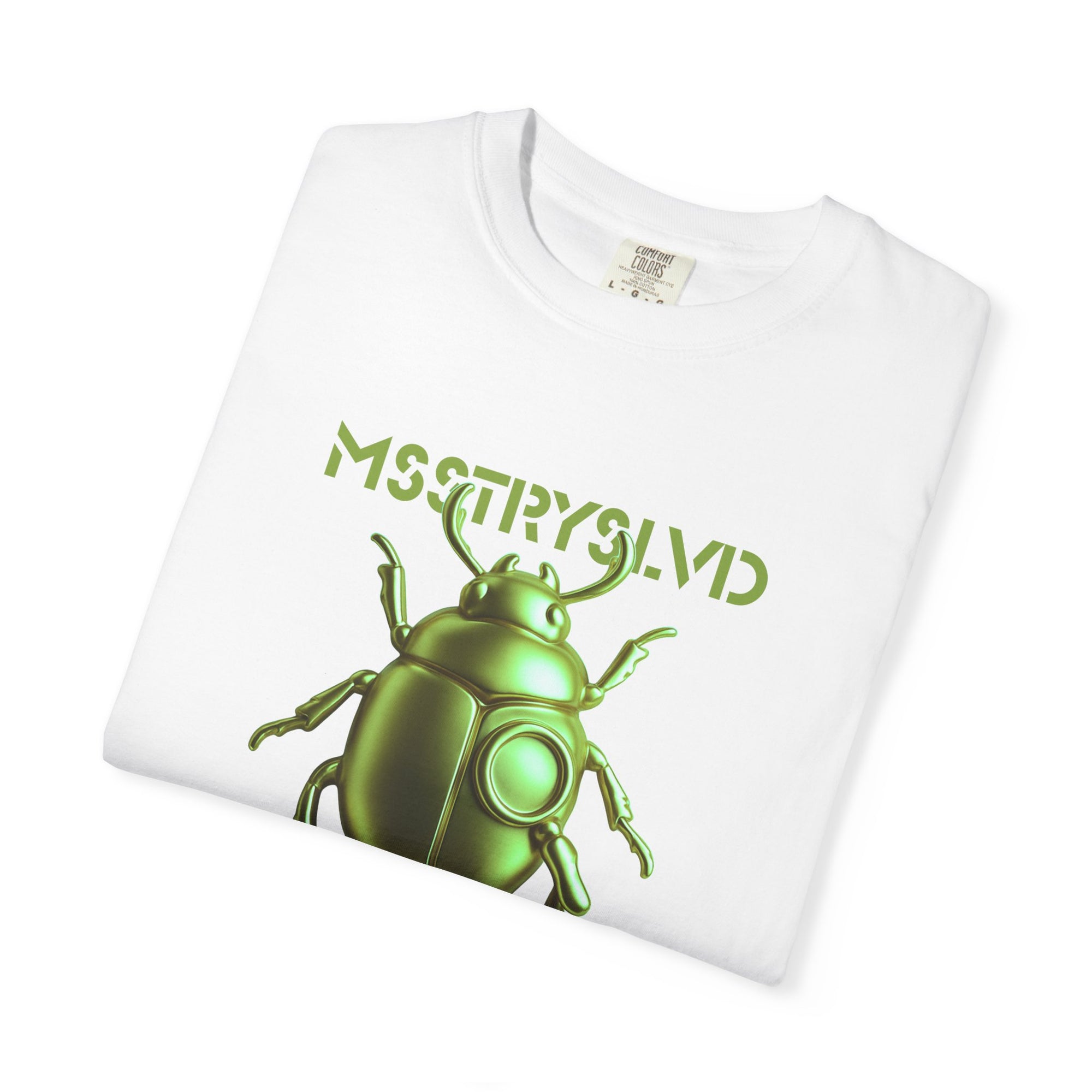 Cyber Beetle Graphic T-Shirt – Futuristic Insect Streetwear Tee, Neon Green Bug Design Techwear Top For Men & Women