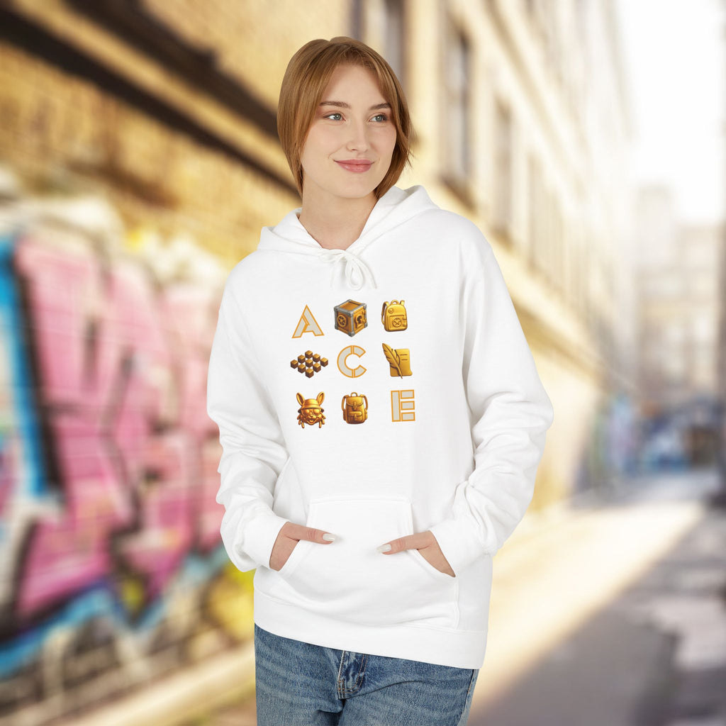 ACE Icon Hoodie – Golden Vault Game Symbols, Retro Gamer Puzzle Graphic Hoodie