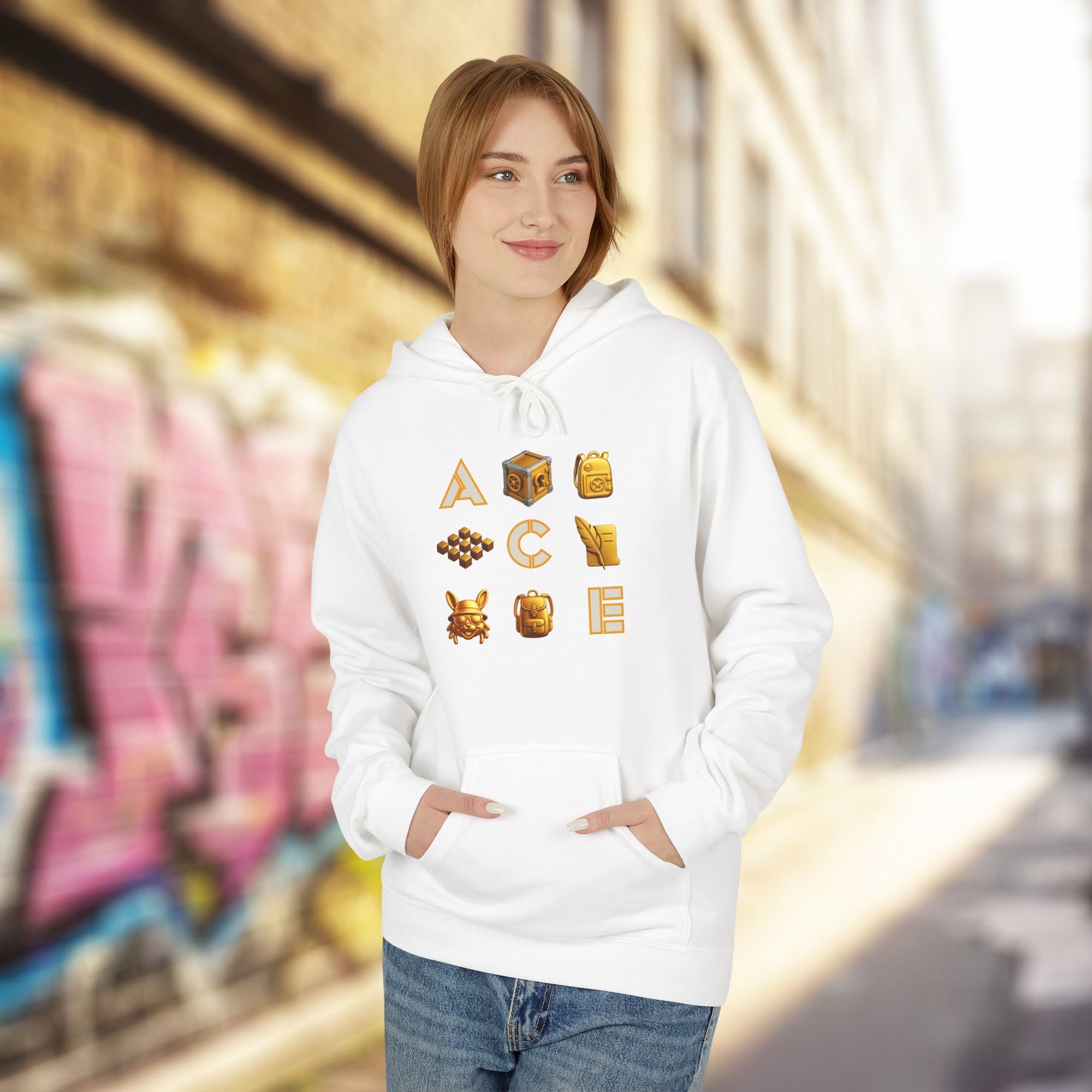 ACE Icon Hoodie – Golden Vault Game Symbols, Retro Gamer Puzzle Graphic Hoodie