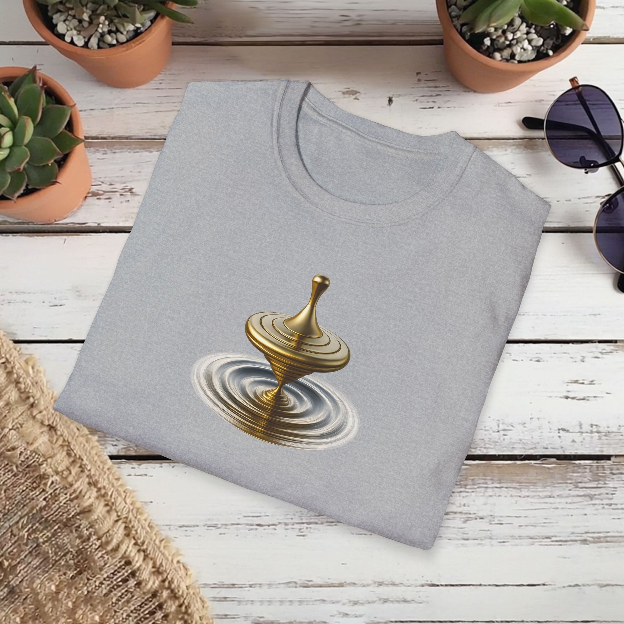 Golden Spin T-Shirt – Shiny Spinning Top Art Tee | Balance in Motion Graphic Shirt