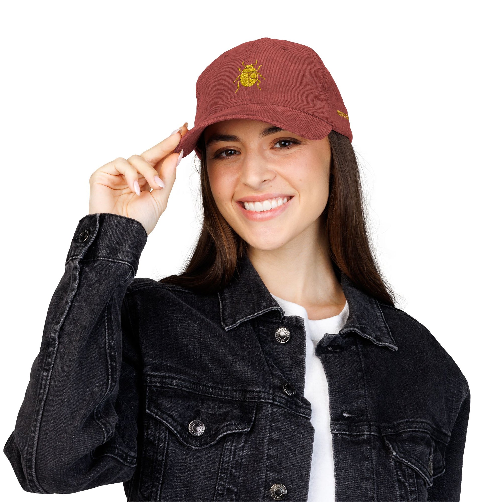 Vintage Corduroy Cap with Gold Beetle Embroidery – Retro Bug Design, Cool Streetwear Golden Insect Aesthetic Cap