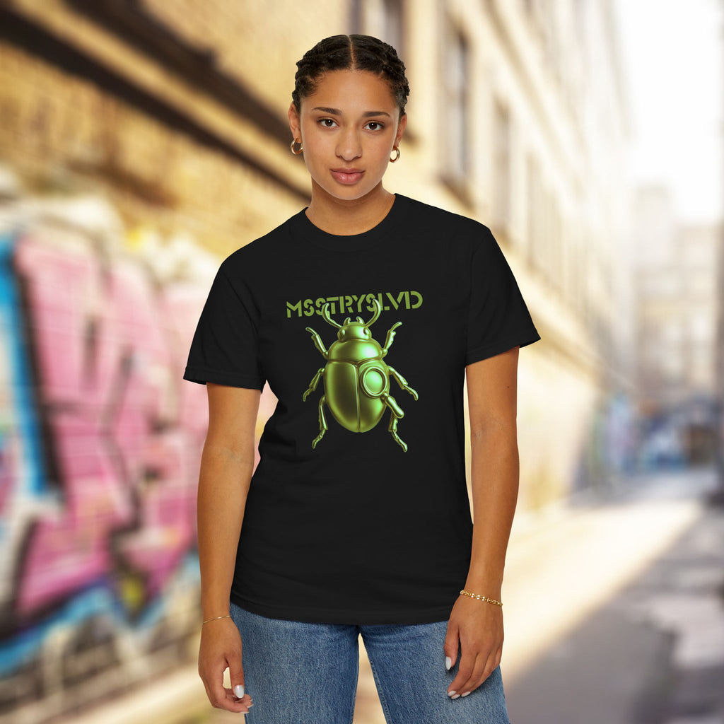 Cyber Beetle Graphic T-Shirt – Futuristic Insect Streetwear Tee, Neon Green Bug Design Techwear Top For Men & Women