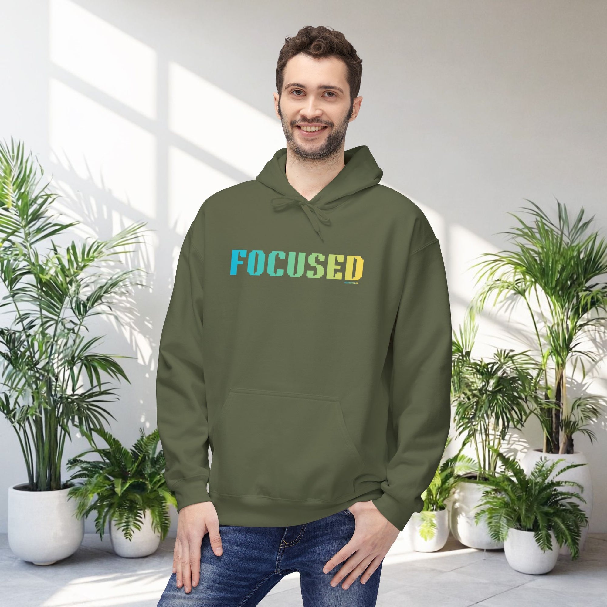Focused Bold Big Quote Hoodie | Bold Colorful Print Retro Graphic Pullover