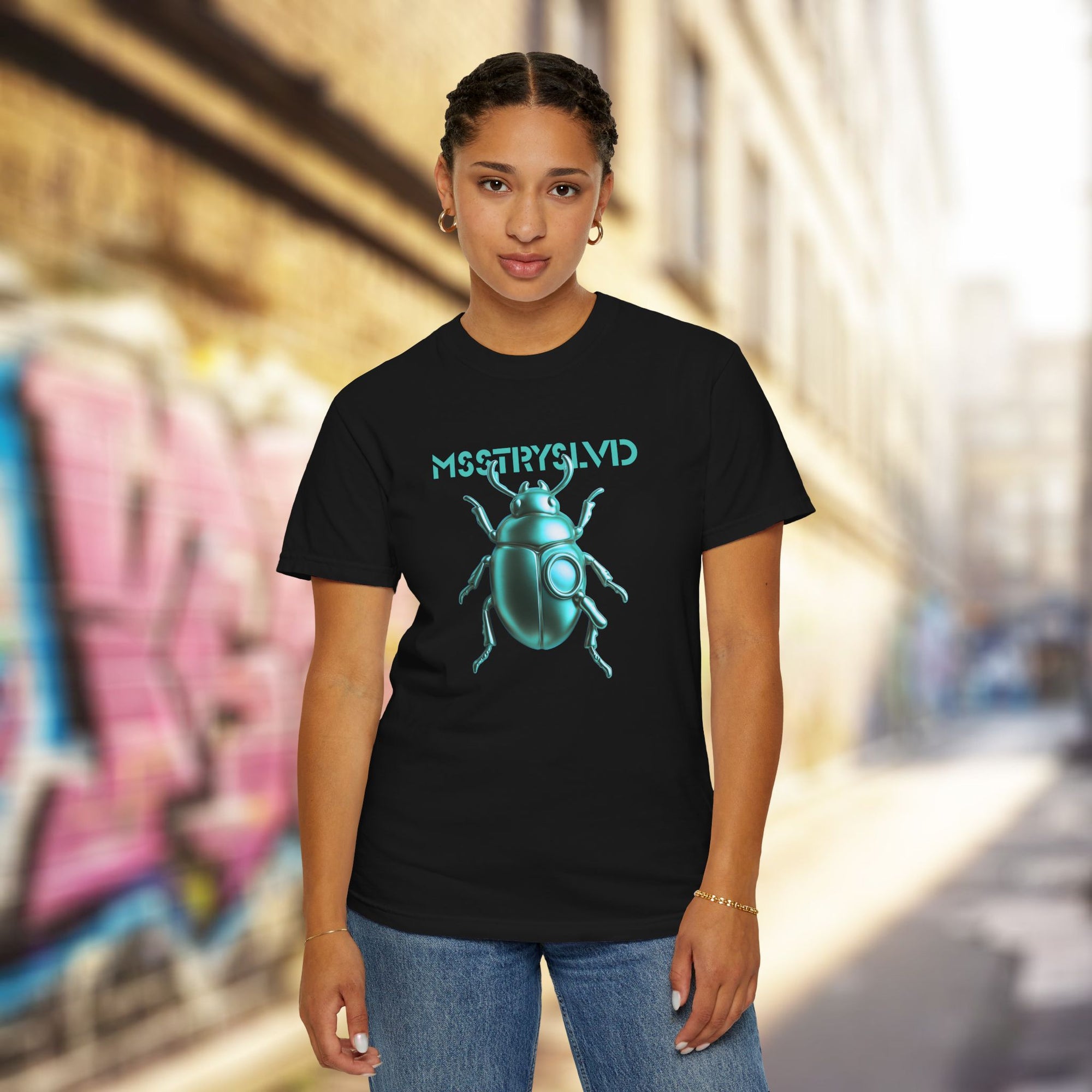 Cyber Beetle Graphic T-Shirt – Futuristic Insect Streetwear Tee, Neon Blue Bug Design Techwear Top For Men & Women