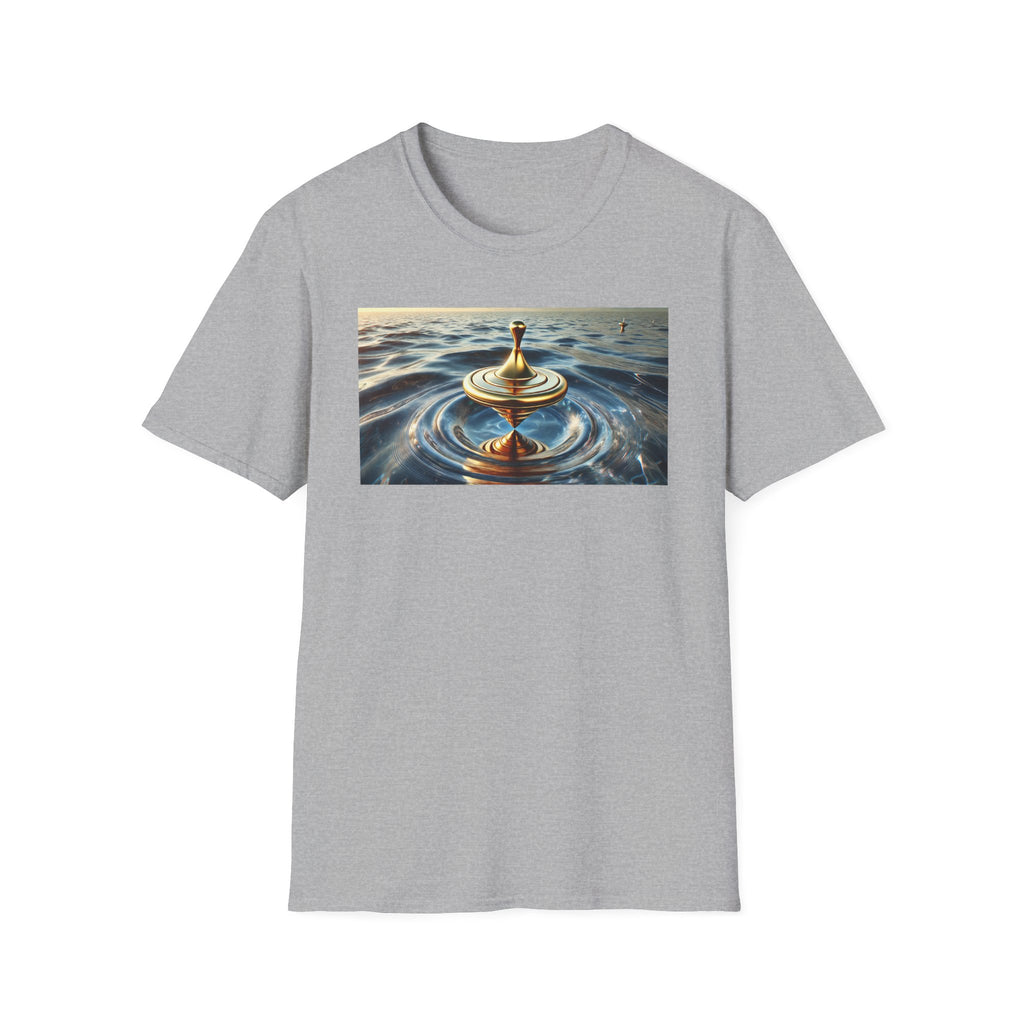 Golden Balance T-Shirt – Surreal Spinning Top Over Water | Reflective Zen Aesthetic Tee