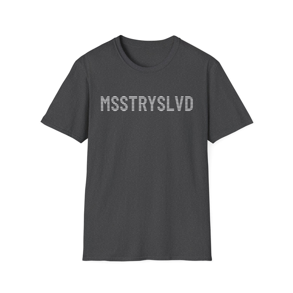 MSSTRYSLVD Word Stripe Graphic T-Shirt – Industrial Font Design Tee, White Bold Text Unisex Shirt, Typography Lovers Gift, Minimalist Urban Style
