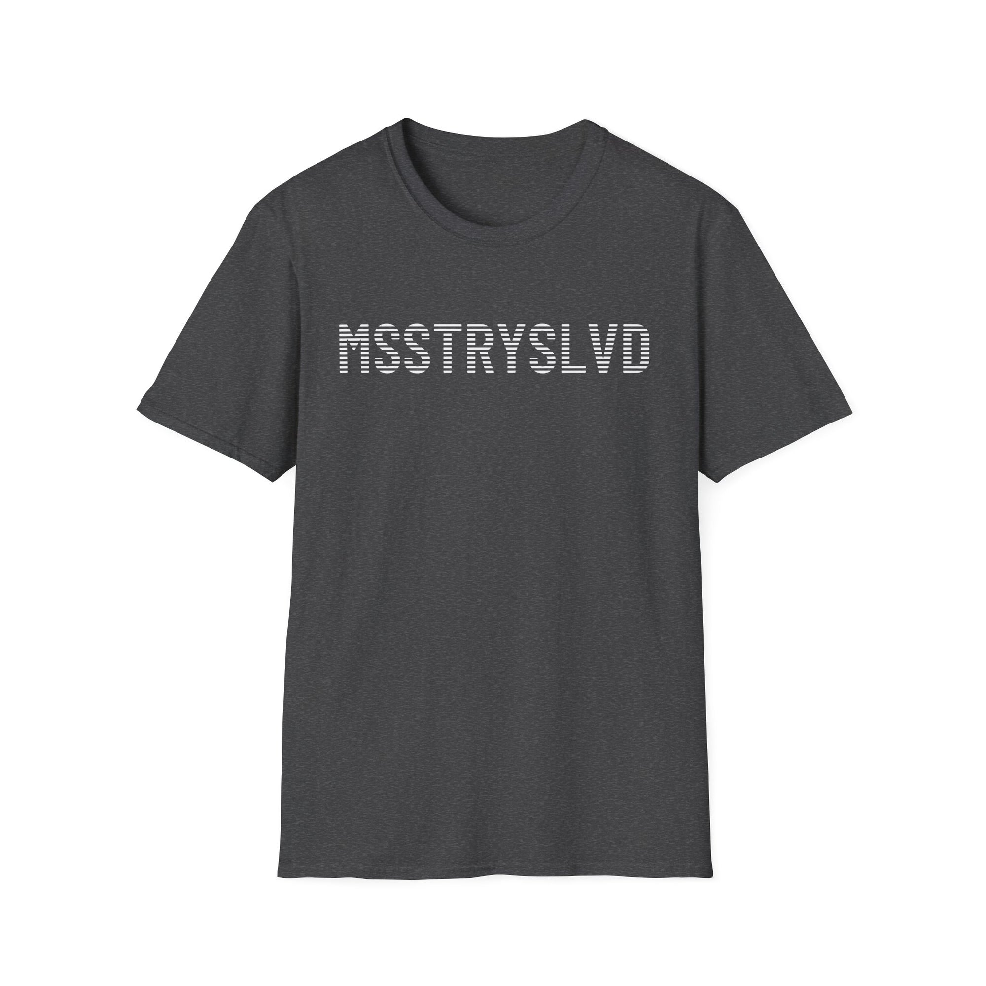 MSSTRYSLVD Word Stripe Graphic T-Shirt – Industrial Font Design Tee, White Bold Text Unisex Shirt, Typography Lovers Gift, Minimalist Urban Style