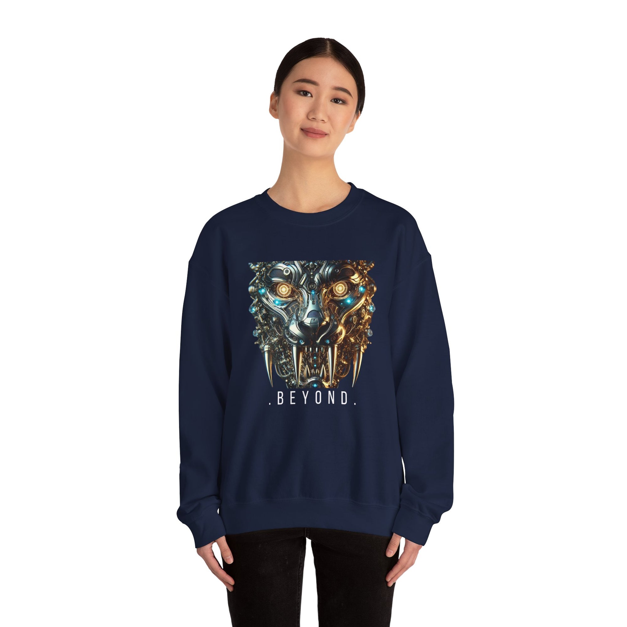 Beyond Cyber Wolf Sweatshirt | Futuristic Mechanical Wolf Graphic Crewneck, Sci-Fi Streetwear Unisex Jumper