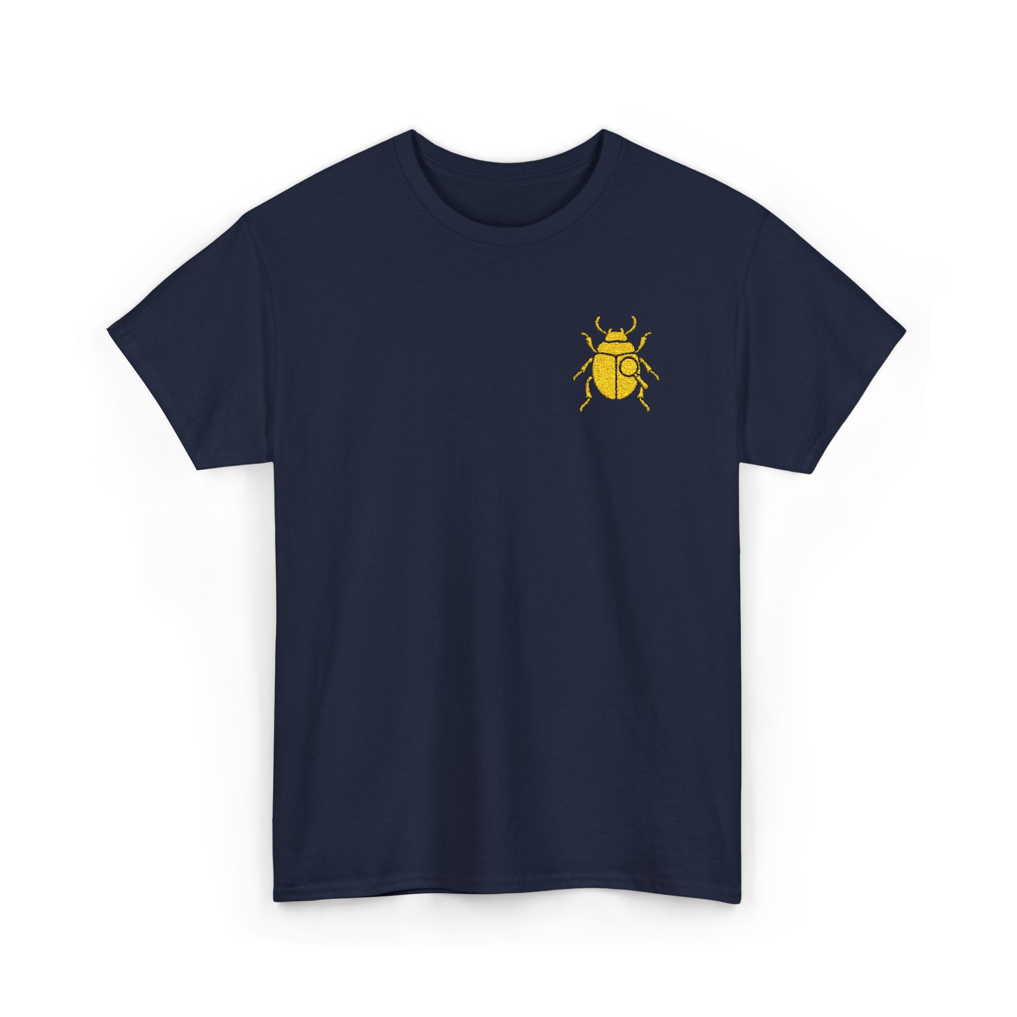 Gold Scarab Beetle Embroidered T-Shirt – Steampunk Insect Design, Unique Golden Bug Cotton Tee for Men & Women