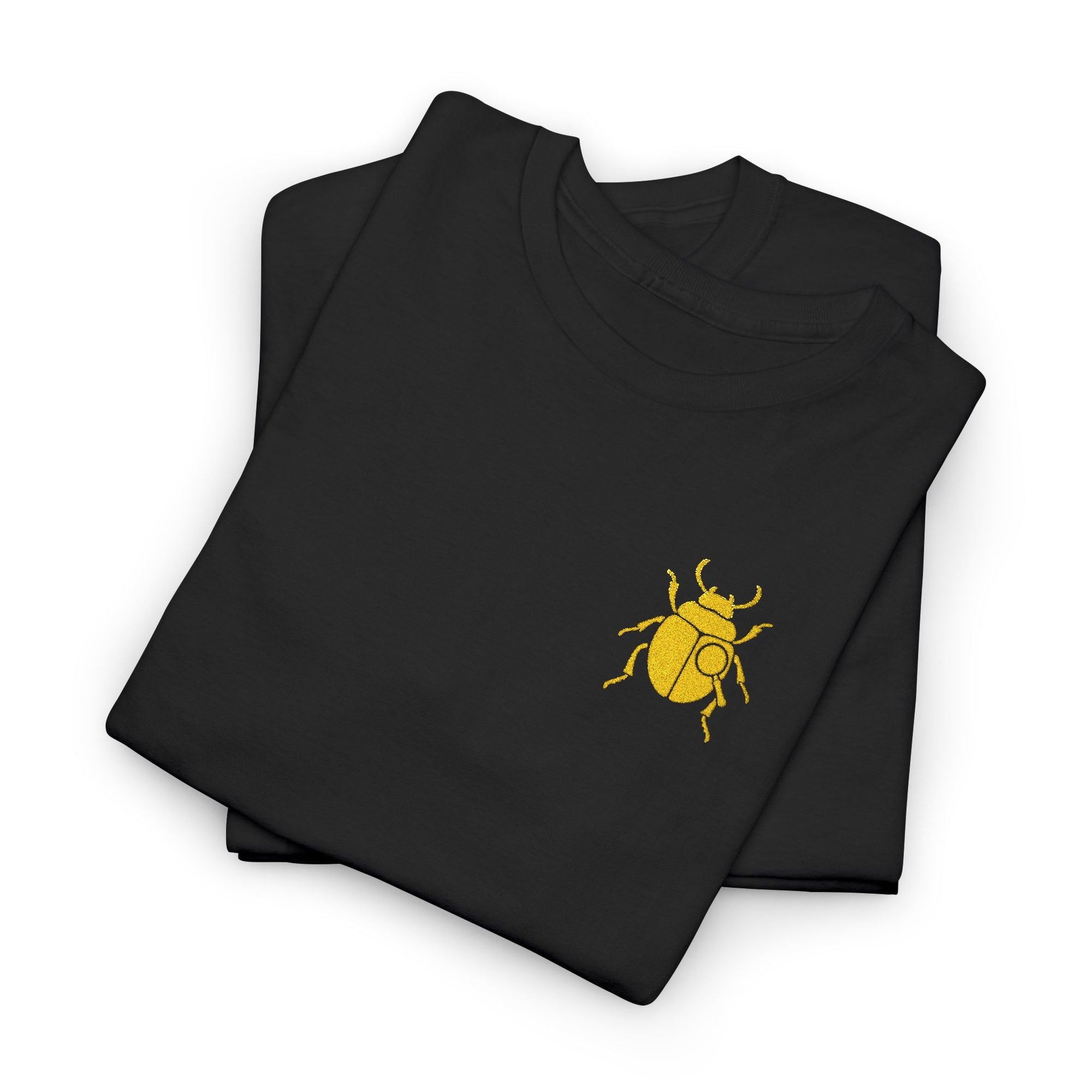 Gold Scarab Beetle Embroidered T-Shirt – Steampunk Insect Design, Unique Golden Bug Cotton Tee for Men & Women