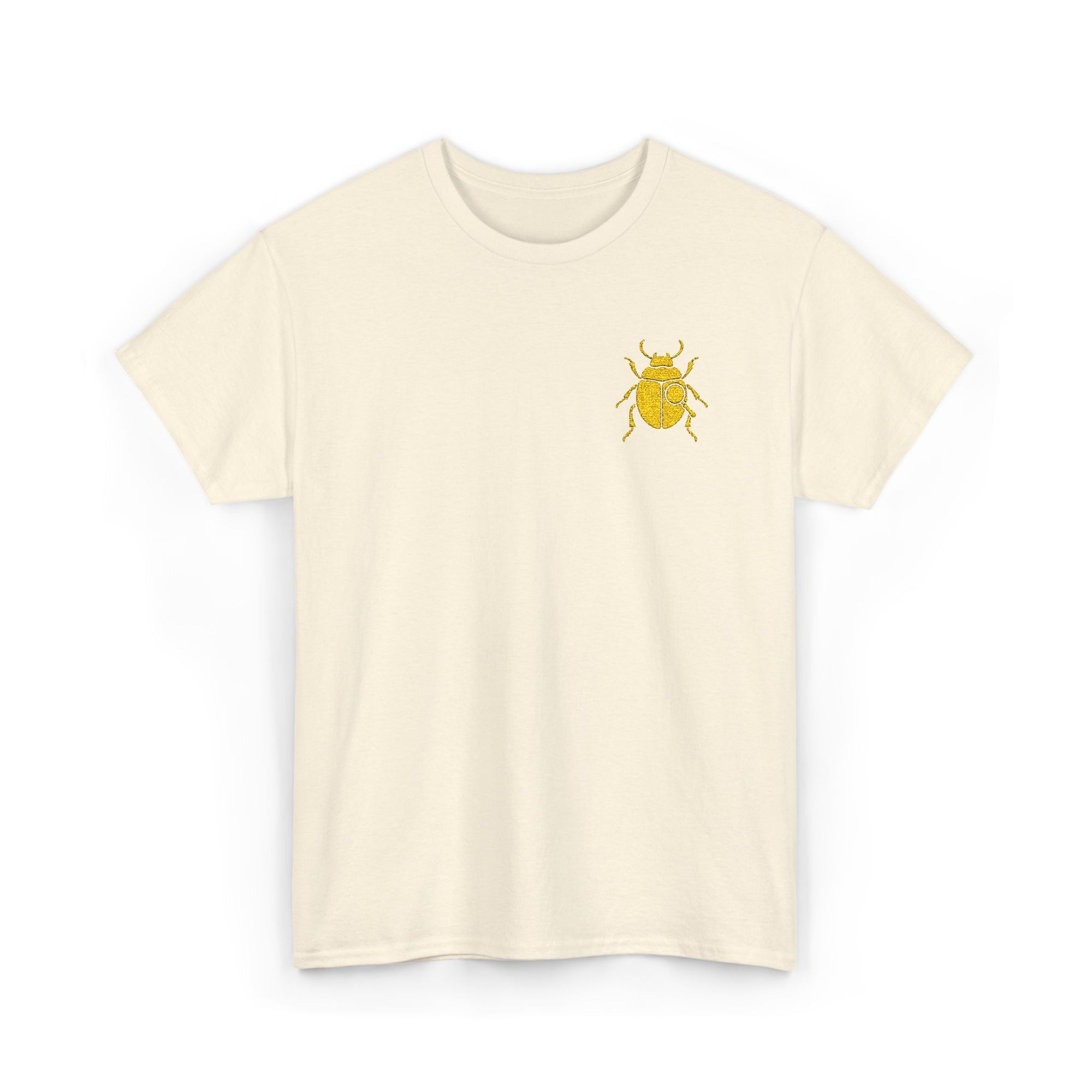 Gold Scarab Beetle Embroidered T-Shirt – Steampunk Insect Design, Unique Golden Bug Cotton Tee for Men & Women