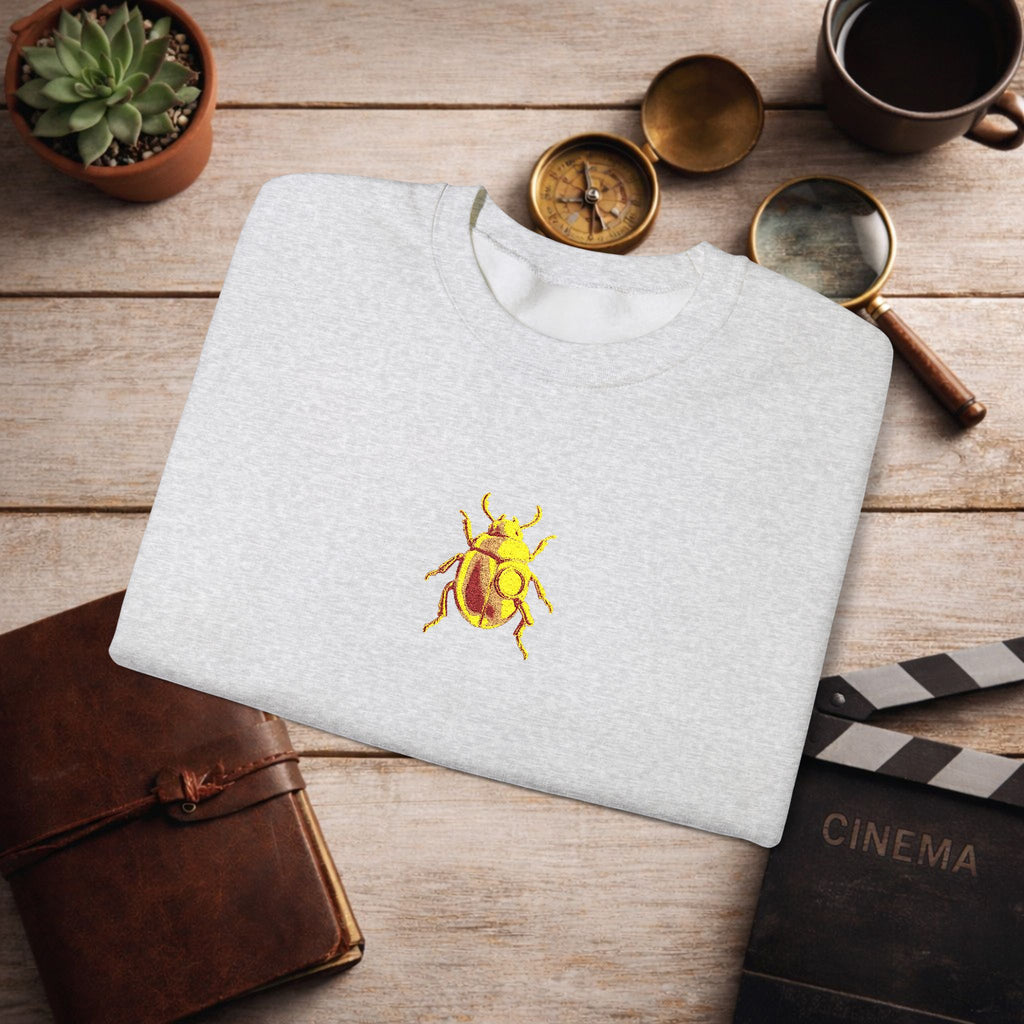 Embroidered Golden Beetle Sweatshirt | Minimal Mystery Insect Design | Unisex Long Sleeve Crewneck | Retro Aesthetic Streetwear