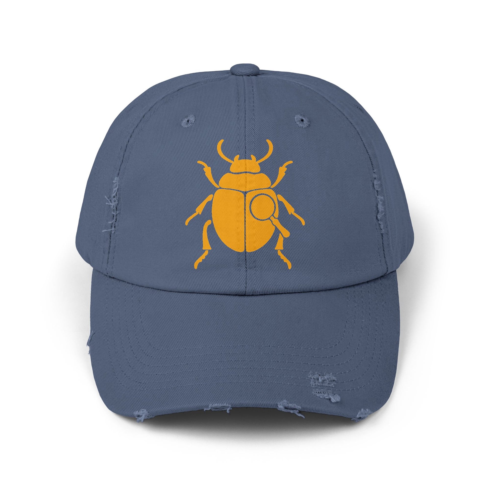 Classic Unisex Distressed Cap with Gold Beetle Embroidery – Retro Bug Design, Cool Streetwear Golden Insect Aesthetic Cap