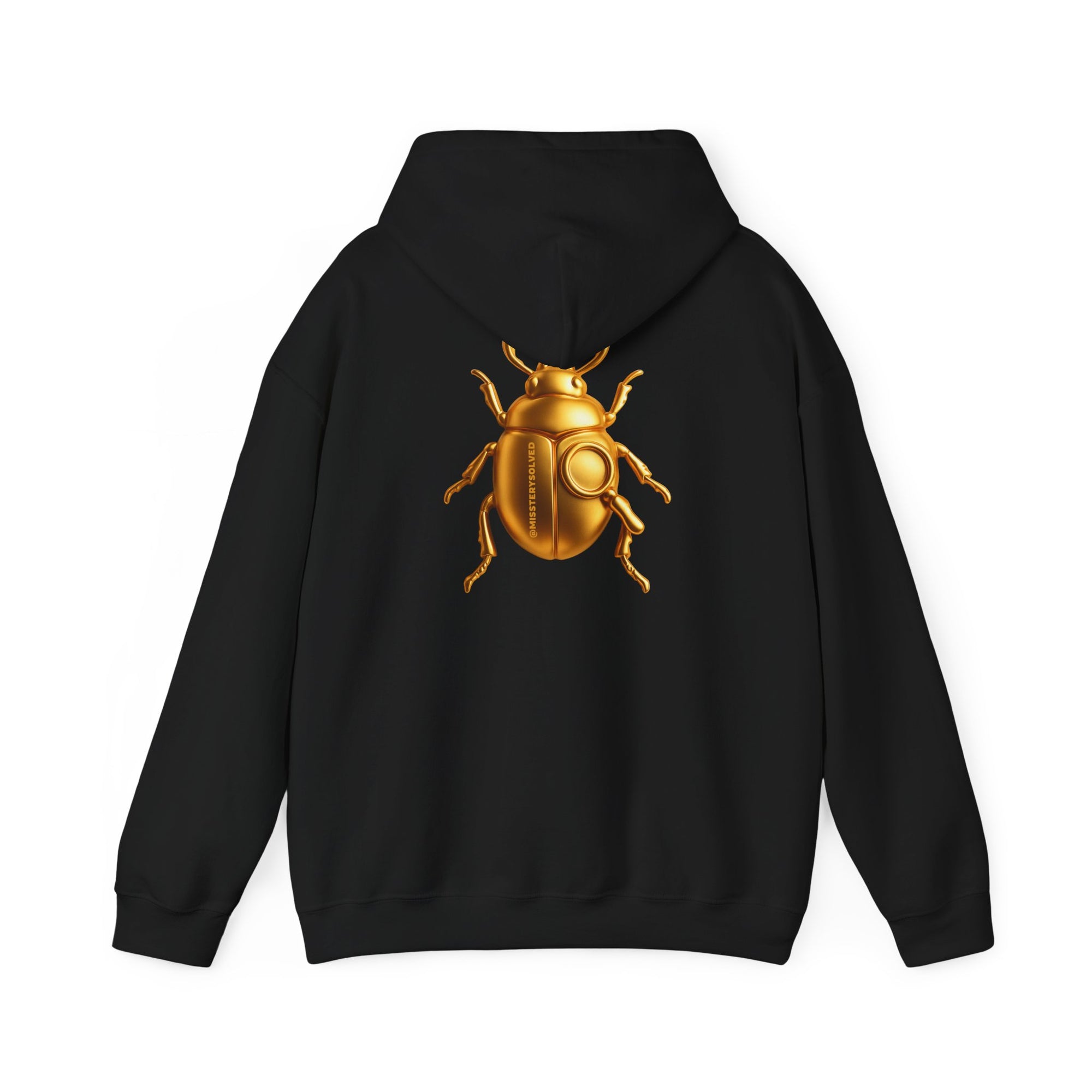 Gold Scarab Beetle Hoodie – Futuristic Steampunk Insect | Unisex Heavy Blend Hooded Sweatshirt Front and Back Graphic
