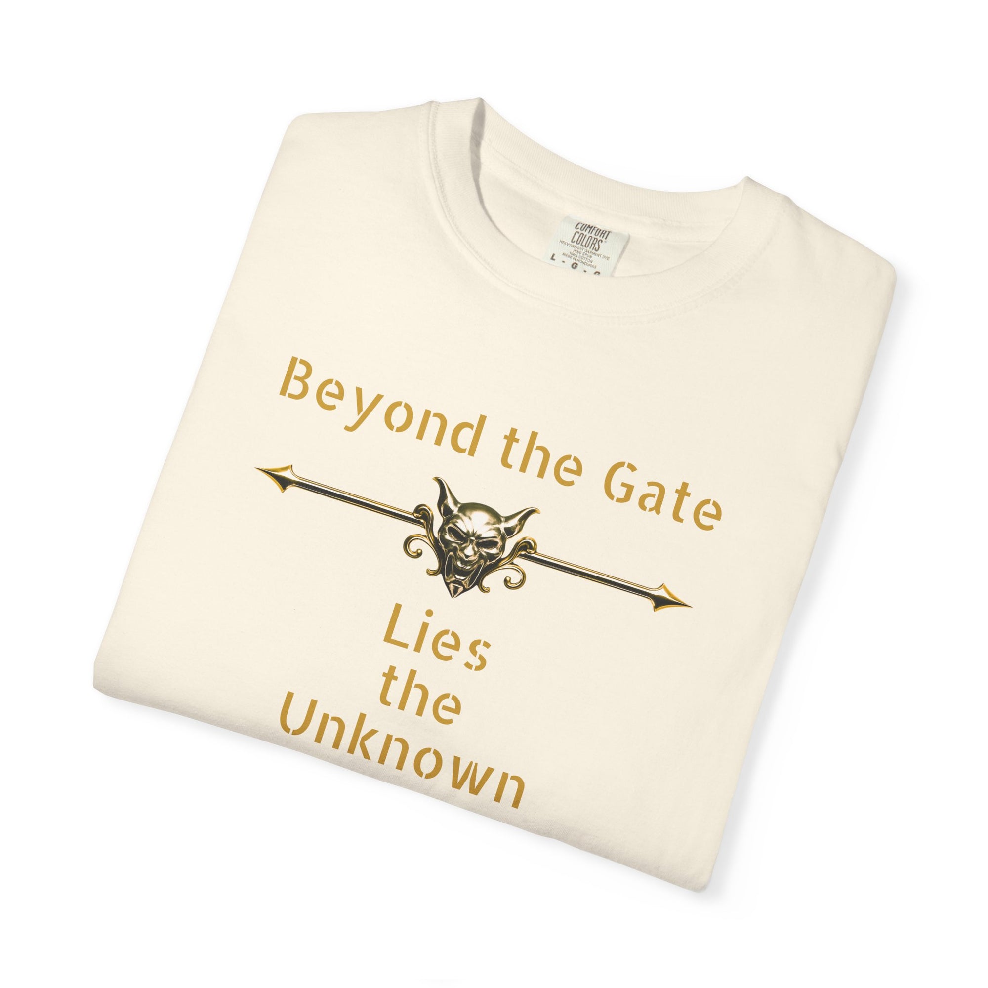 Beyond the Gate Lies the Unknown T-Shirt – MSSTRYSLVD® Gold Vault Edition | Dark Fantasy Streetwear for Fearless Players