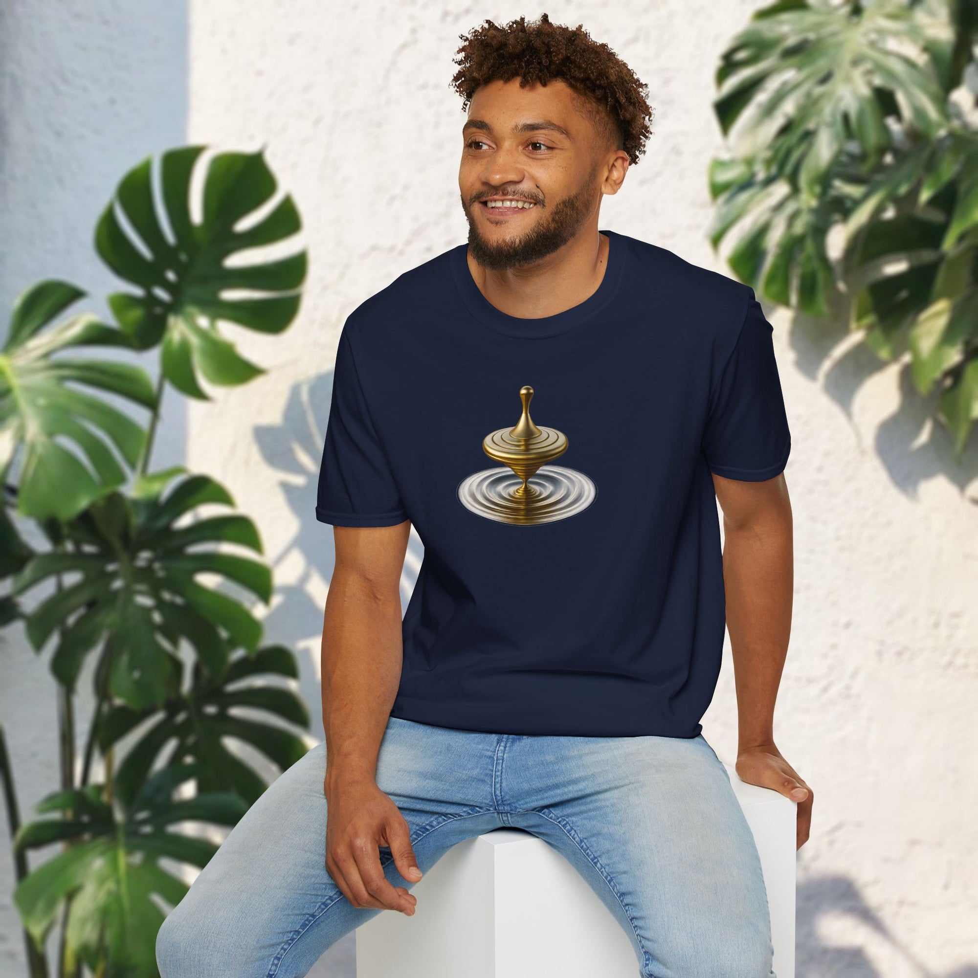 Golden Spin T-Shirt – Shiny Spinning Top Art Tee | Balance in Motion Graphic Shirt