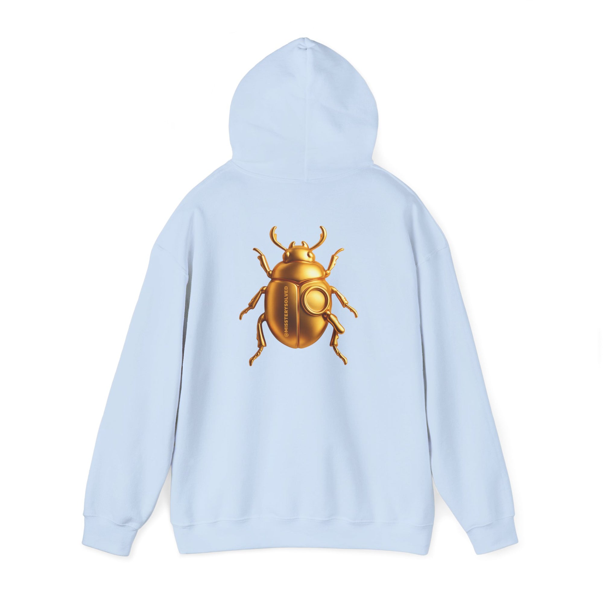Gold Scarab Beetle Hoodie – Futuristic Steampunk Insect | Unisex Heavy Blend Hooded Sweatshirt Front and Back Graphic